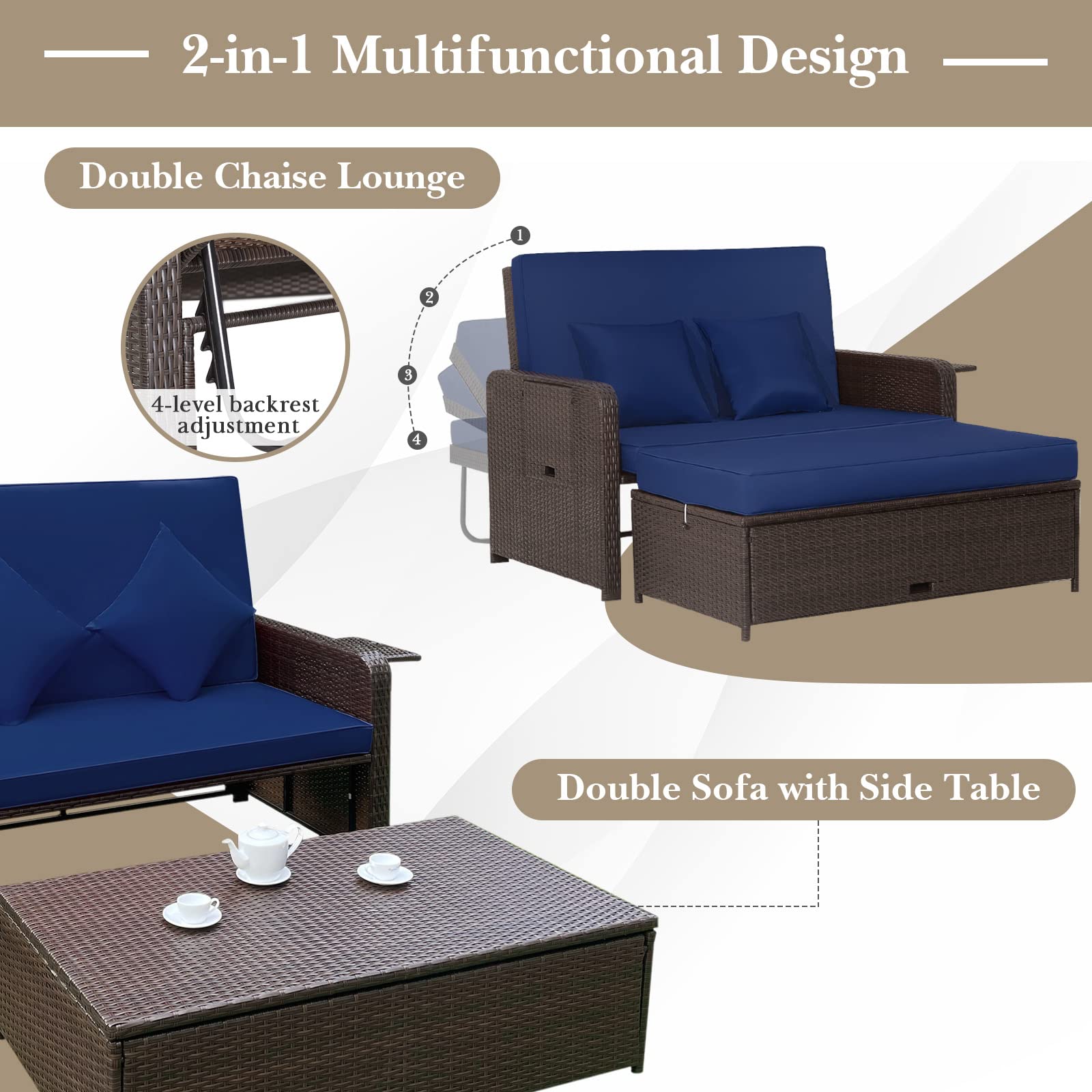 Tangkula Outdoor Rattan Daybed Set with Adjustable Backrest - Wicker Loveseat Sofa, Ottoman & Side Tray - Includes Storage Footstool & Cushions (Navy) - Perfect for Patio, Garden, Poolside & Backyard Relaxation