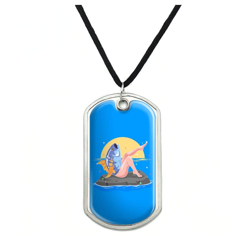 Reverse Mermaid with Tuna Head Military Dog Tag Pendant Necklace - Unique Gothic Jewelry for Men & Women - Perfect for Cosplay, Halloween Costume and Punk Fashion Accessories