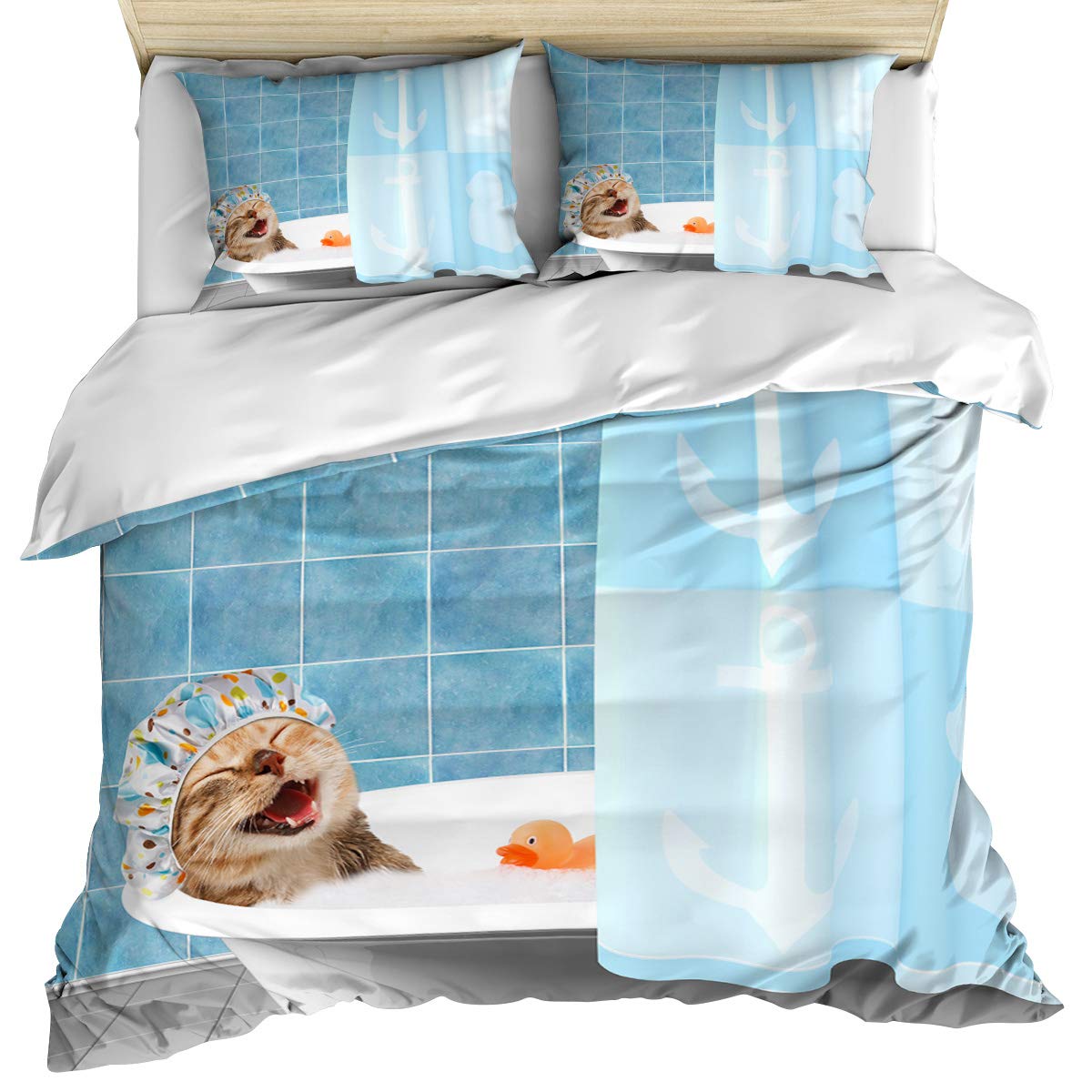 3-Piece Bedding Set - California King Comforter & Duvet Cover with 2 Pillow Shams | Funny Cat Bathing with Toy Duck Design | Soft & Cozy Bedroom Decor for Kids, Teens, Adults & Toddlers | Perfect for Home, Dorm, or Guest Room