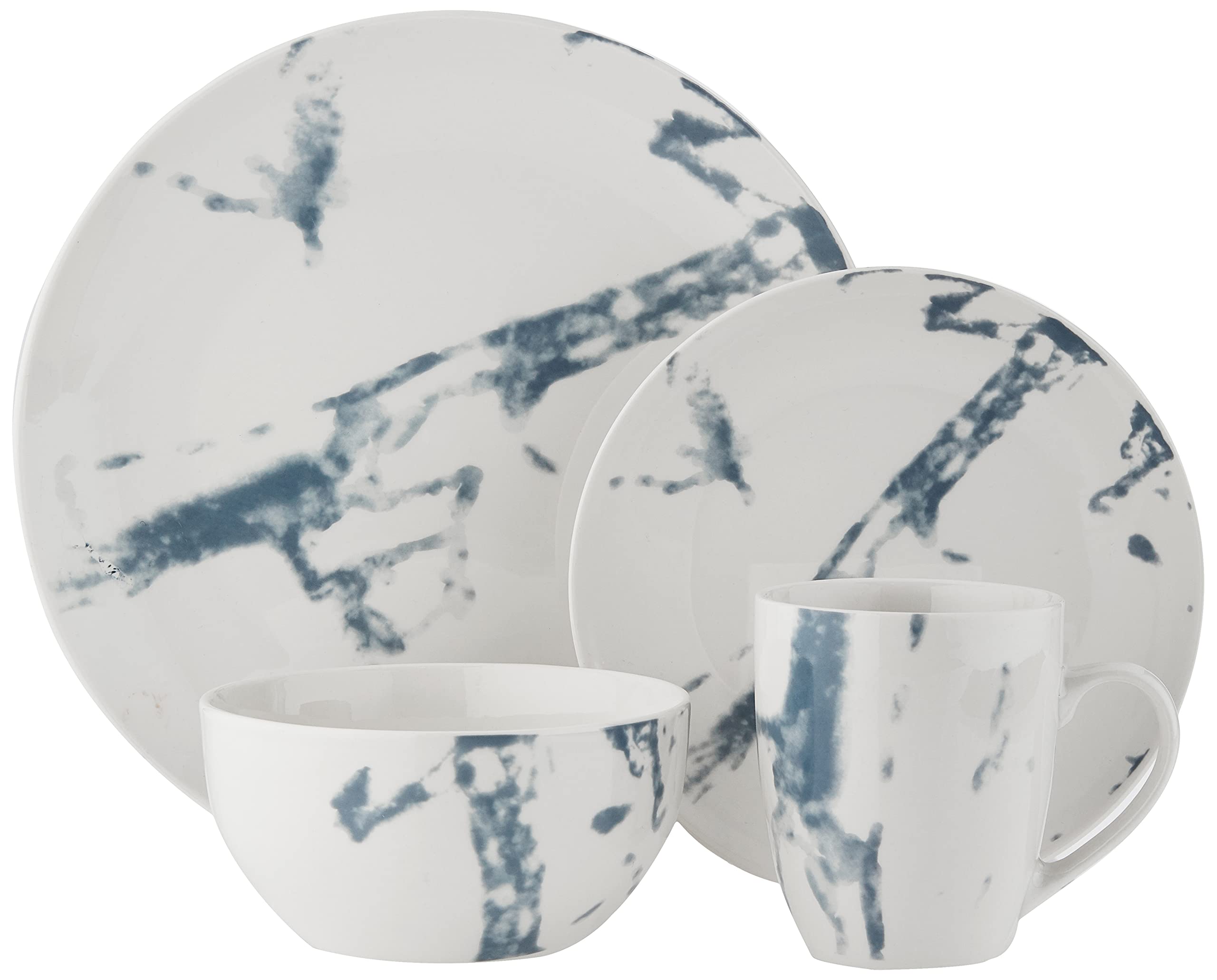 American Atelier 16-Piece Round Dinnerware Set - White & Blue Stoneware Plates, Bowls & Mugs | Marble Design 10.5