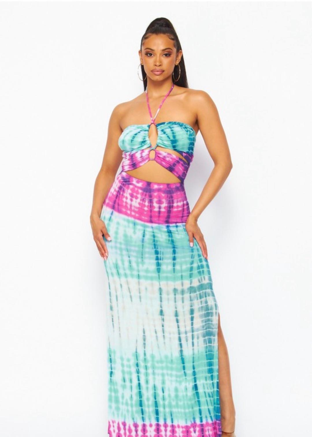Taylor Tie Dye Cut Out Maxi Dress for Women - Bohemian Summer Beach Dress with Side Slits, Flowy Long Dress for Vacations, Music Festivals & Date Nights