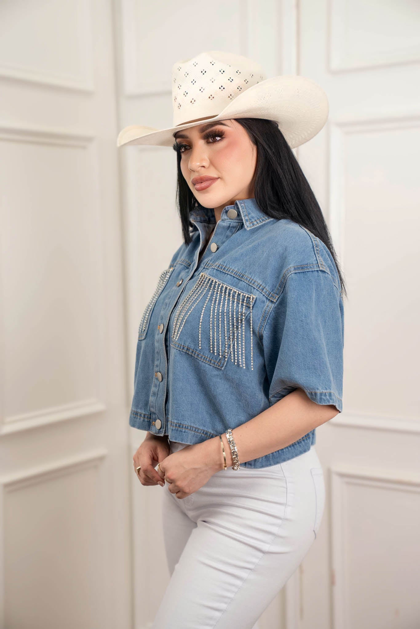 Stylish Rhinestone Fringe Pocket Denim Top for Women | Trendy Embellished Western Shirt | Perfect for Concerts, Parties & Boho Fashion Outfits