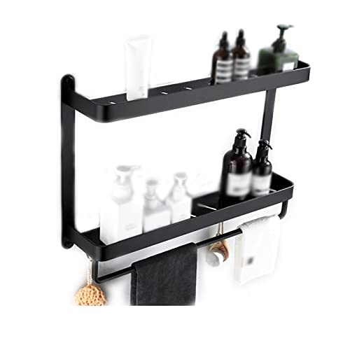 Black Glass Bathroom Shelf with Towel Bar & Hooks - 60cm Foldable Wall-Mounted Shower Organizer for Bath Towels, Toiletries & Decor (Black)