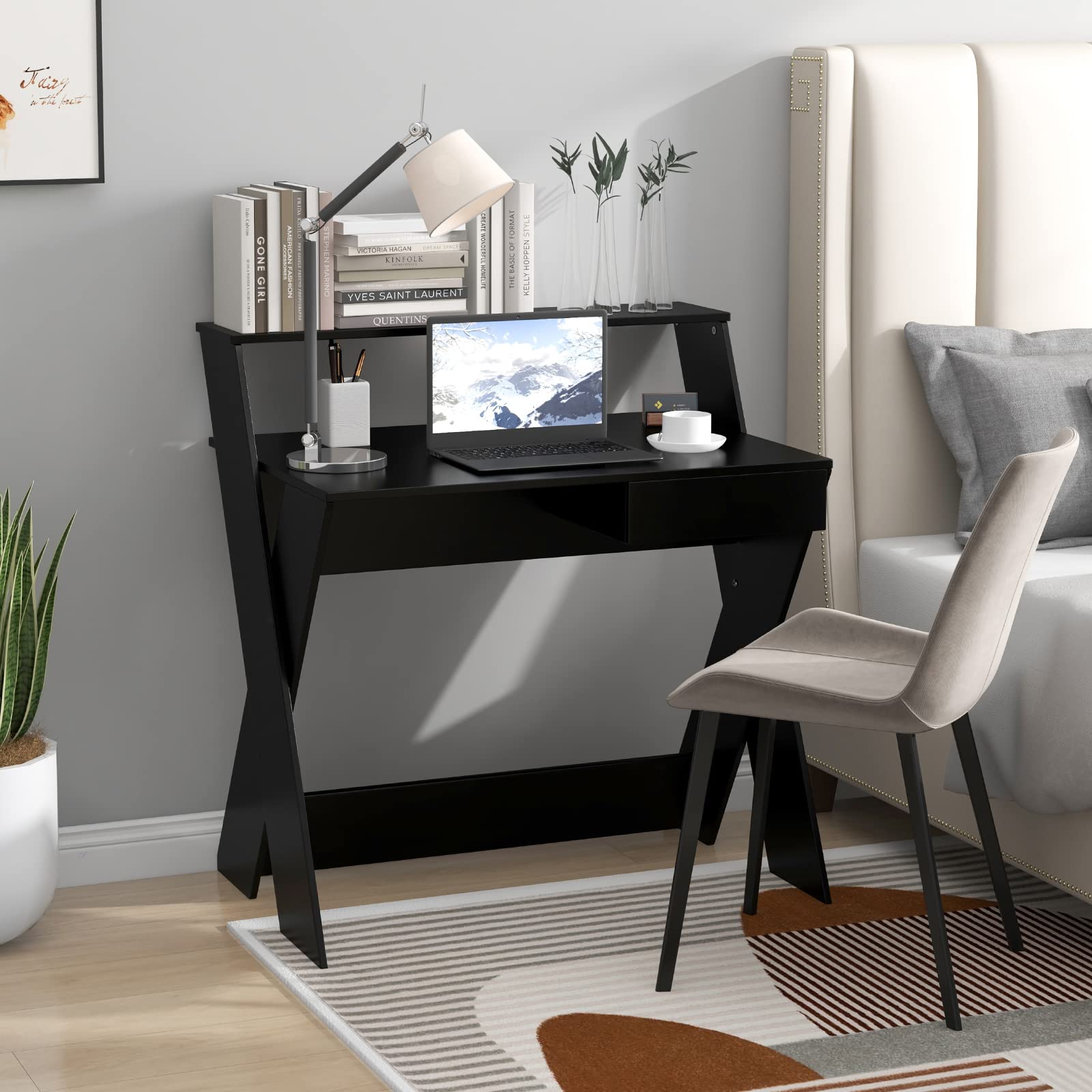 Tangkula 2-Tier Compact Computer Desk with Storage Drawer & Monitor Stand - Small Writing Desk with X-Shaped Legs & Footrest - Space Saving Study Table for Home Office, Dorm Room & Small Spaces (Black) - Perfect for Remote Work, Online Learning & Gaming Setup