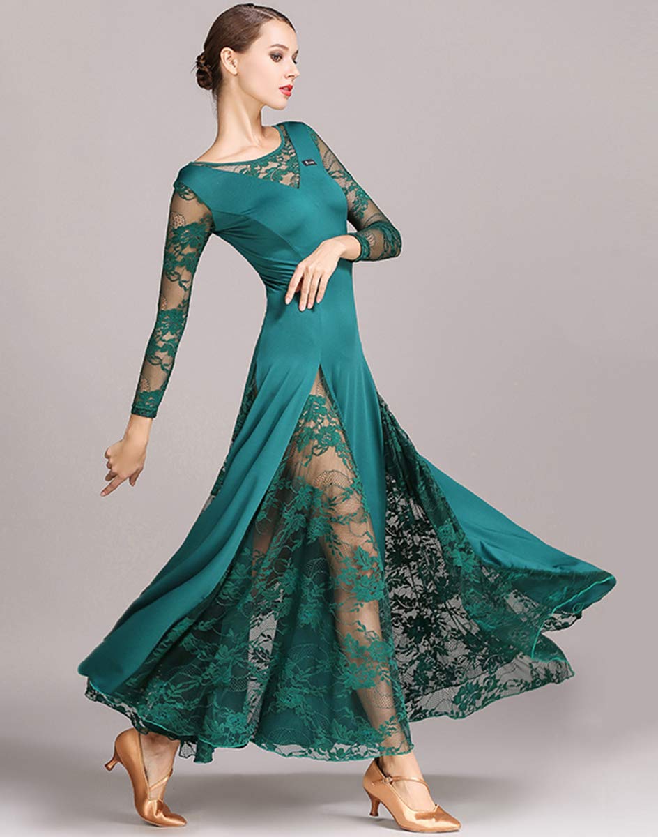 Elegant ZX Women's Ballroom Dance Dress with Lace Sleeves & Long Swing Skirt - Professional Competition Dress for Modern Waltz, Cha Cha - Perfect for Performances, Latin Dance Competitions & Social Dancing Events