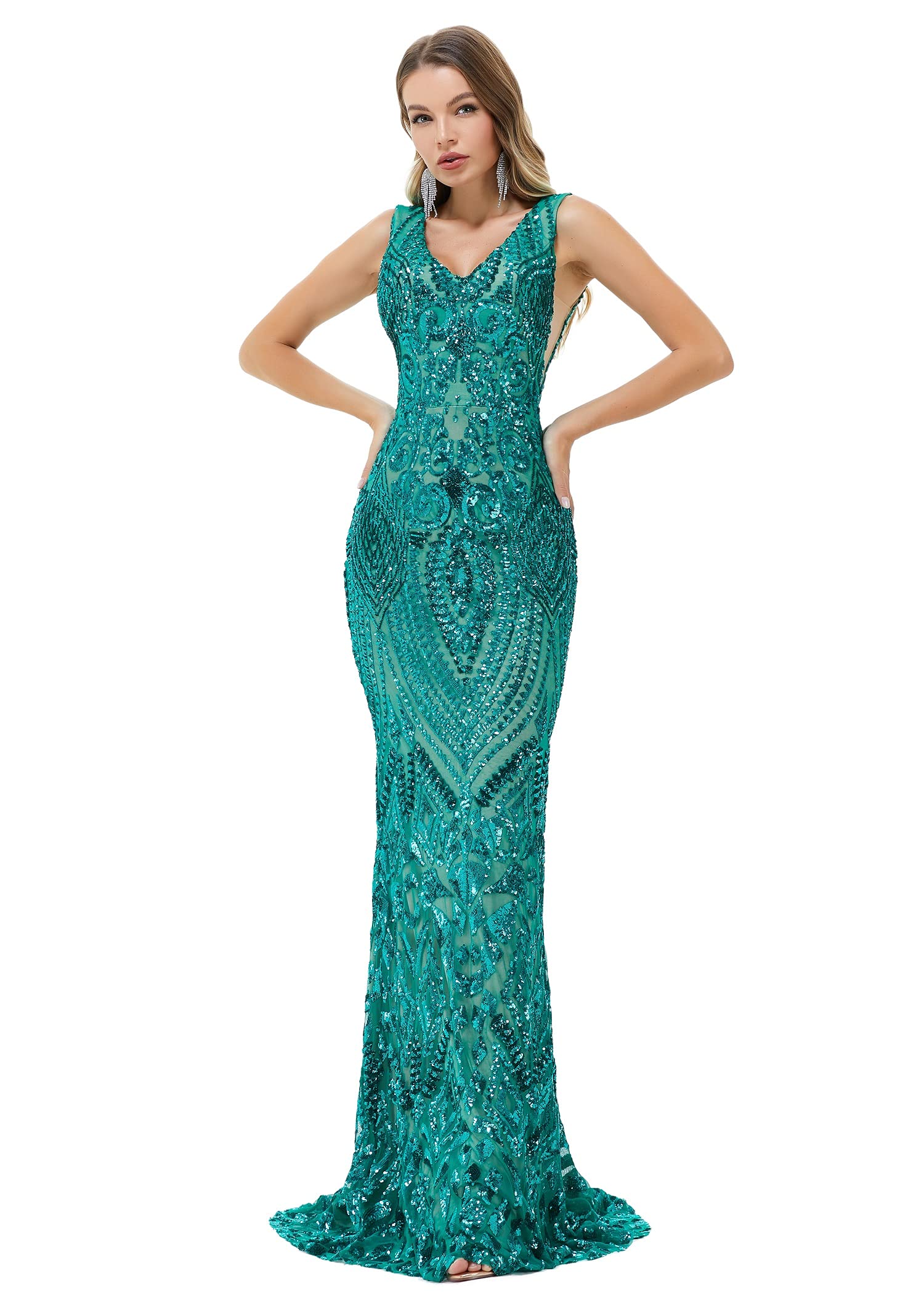 Sparkly Sequins V-Neck Mermaid Evening Dress for Women - Sleeveless Formal Prom Gown for Bridesmaid, Party & Special Occasions | Perfect for Weddings, Galas & Cocktail Events