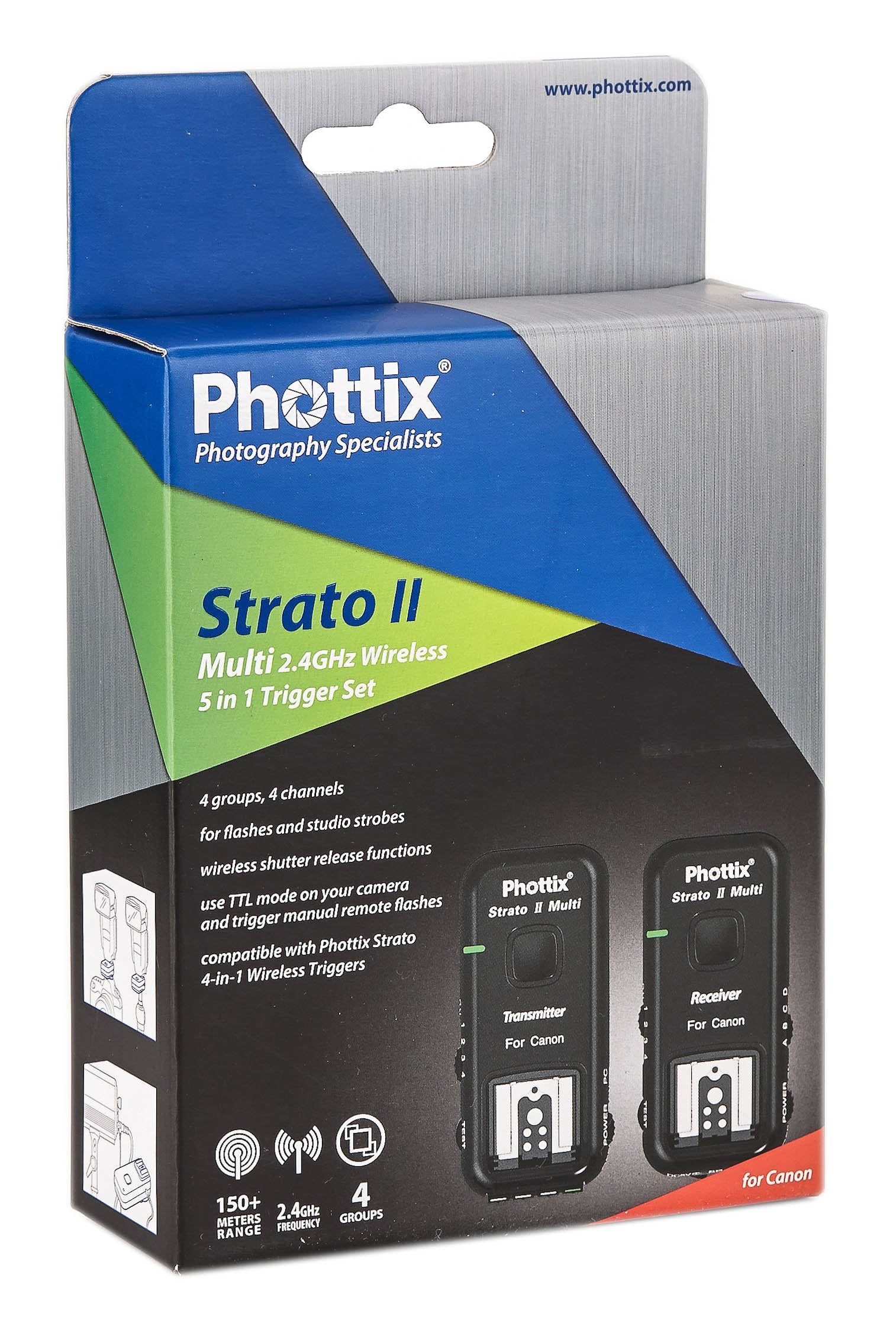 Phottix Strato II Wireless Flash Trigger Multi 5-in-1 Set for Canon Cameras - Transmitter & Receiver (PH15651) | Perfect for Studio Photography, Wedding Shoots & Outdoor Flash Lighting