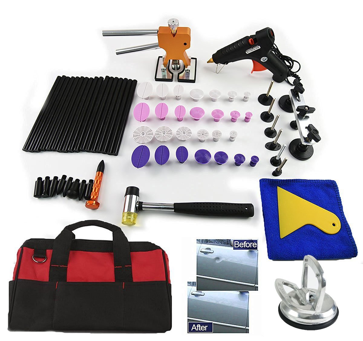 69 Pcs Paintless Dent Repair Kit - Professional Hail Damage Removal Tool with Glue Sticks, Pulling Tabs, Tap Down Hammer & Aluminum Suction Cup Dent Puller | Car Body Dent Repair for DIY Auto Detailing & Collision Damage Fix