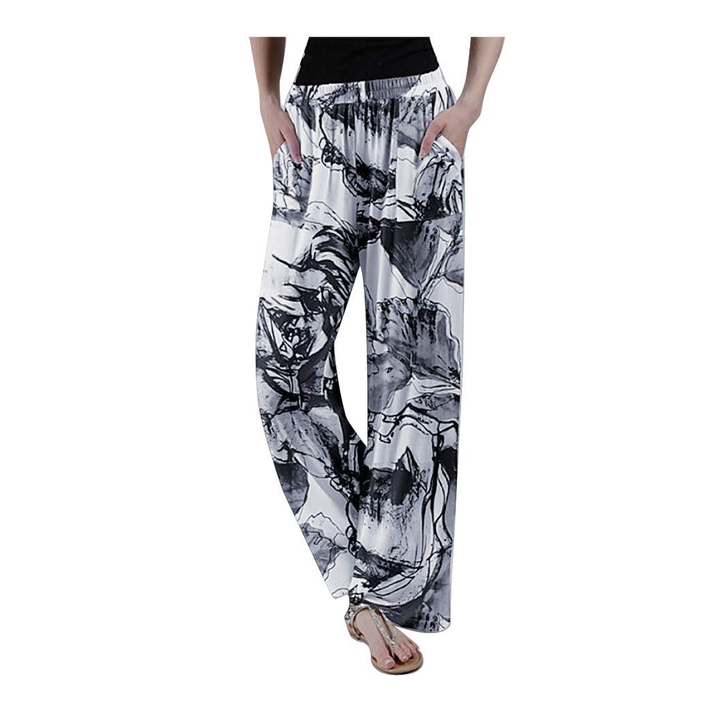 Women's Printed Elastic Waist Pants with Pockets - Straight Wide Leg Lounge Trousers for Casual Wear, Work & Travel | Comfortable Baggy Pants for Women