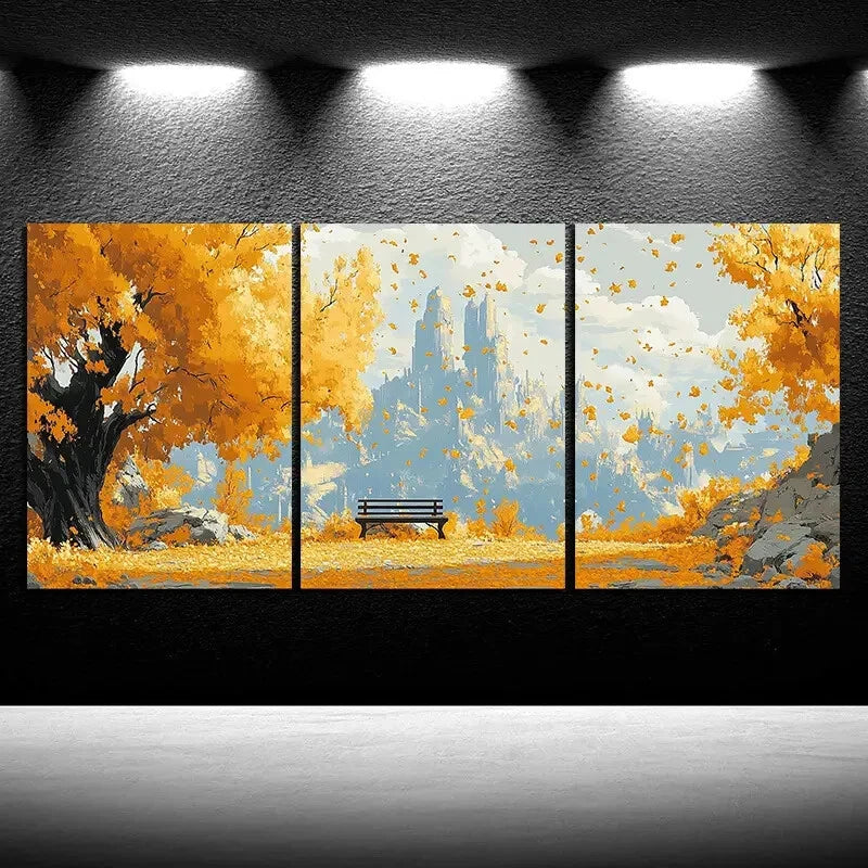 3-Piece Autumn Leaves Metal Wall Art Print - Ready to Hang Bench Scene Decor for Living Room, Bedroom & Office