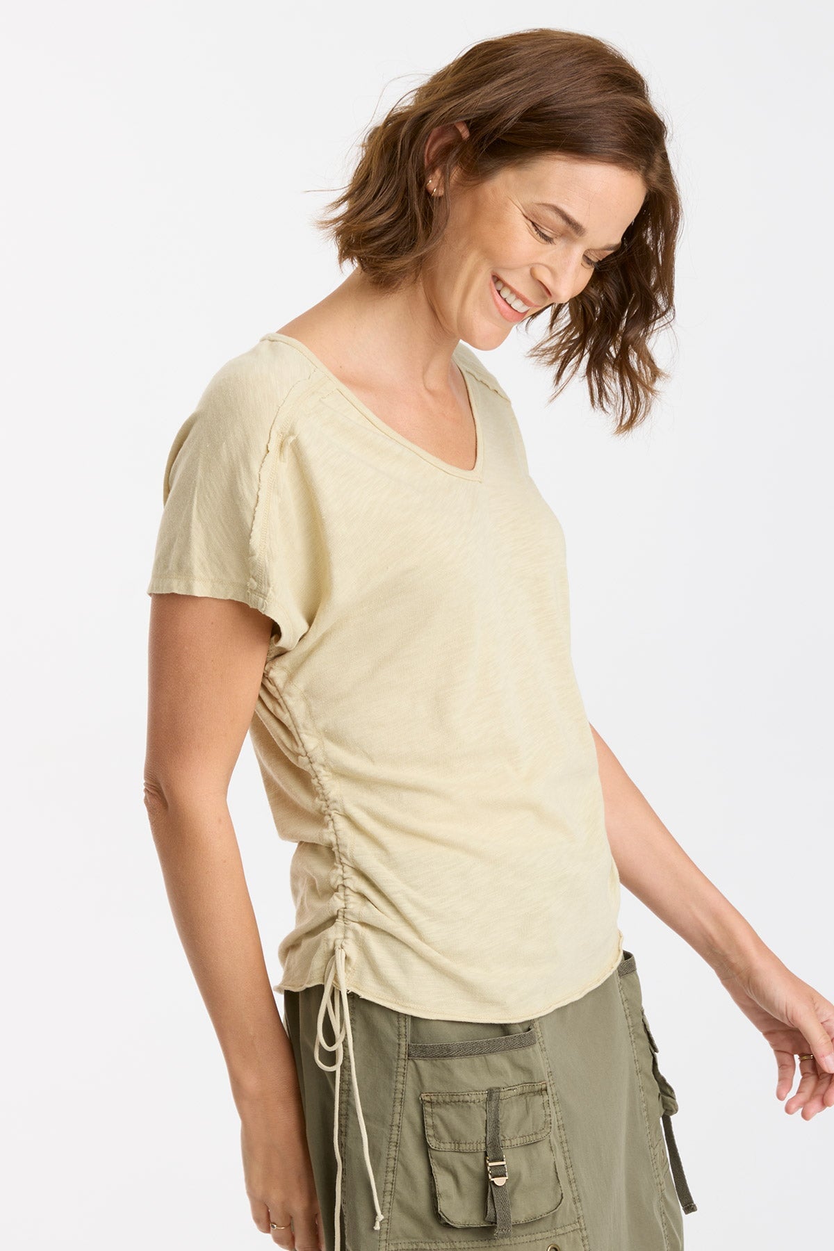 Diggory Cinched Cord V-Neck Jersey Tee for Women - Soft Stretchy Casual T-Shirt for Everyday Wear | Perfect for Layering, Work, and Weekend Outfits