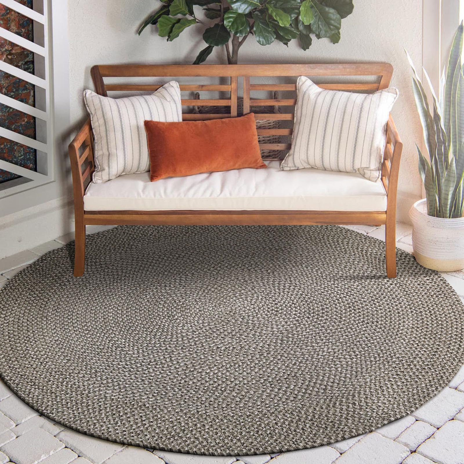 DECOMALL Azure Braided Indoor Outdoor Area Rugs - 8' x 8' Round, Grey - Non-Slip, Durable & Waterproof - Perfect for Patio, Deck, Living Room & Bedroom Decor