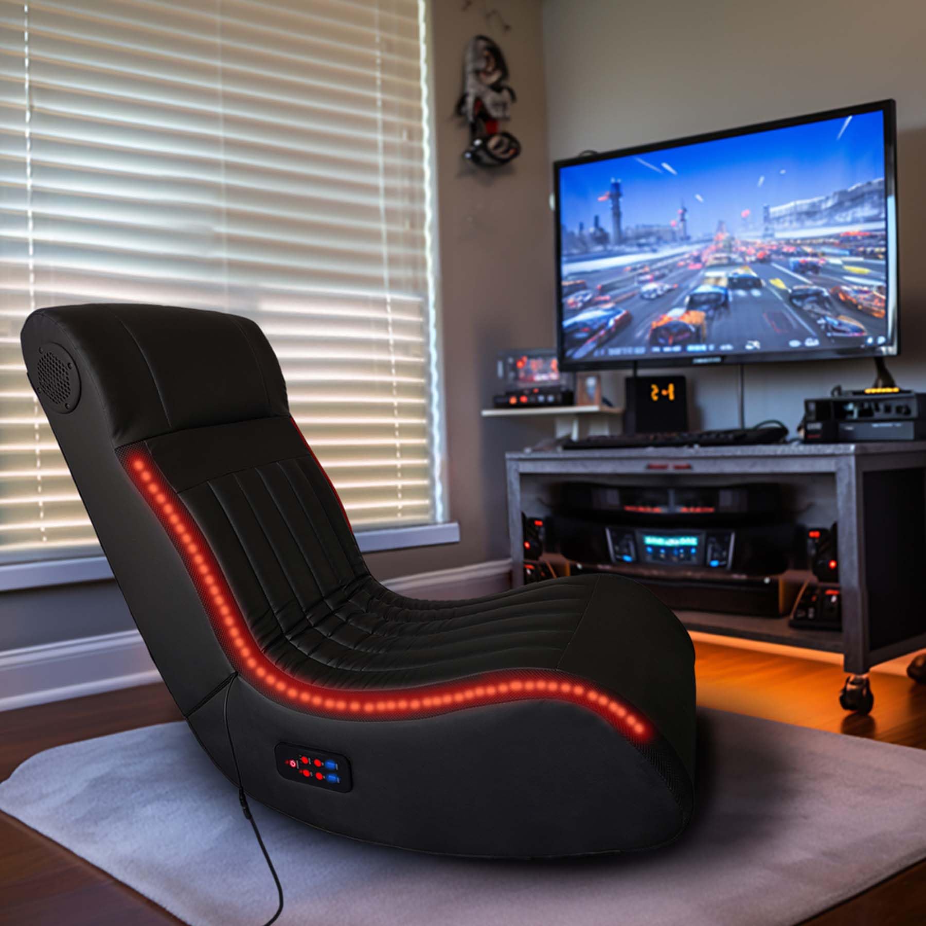 Foldable Floor Gaming Chair with Bluetooth Speakers, LED Lights & USB Port - Ergonomic Video Game Chair for Adults & Kids - Perfect for Gaming, Movie Nights & Relaxing (Black)