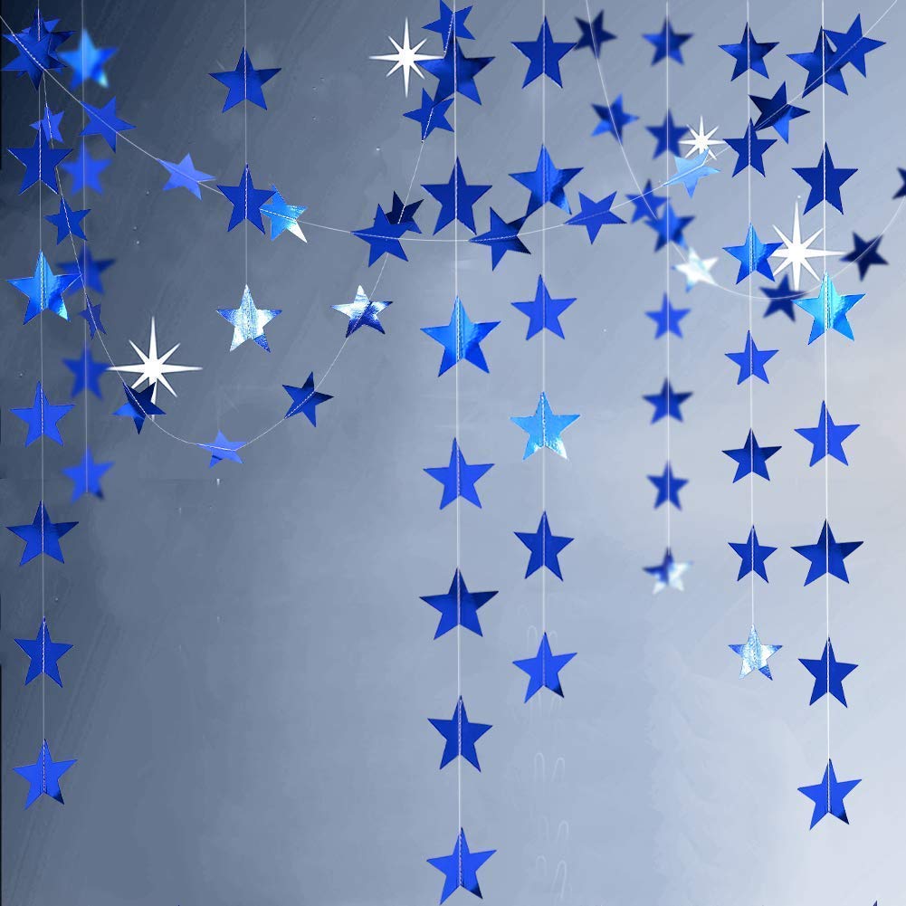 Decor365 Reflective Blue Star Garland - Party Streamer, Bunting & Backdrop for Frozen Birthday, Blue Silver Wedding, Engagement, Royal Baby Shower, Kids Room & Home Decor | Perfect for Indoor/Outdoor Celebrations & Themed Events