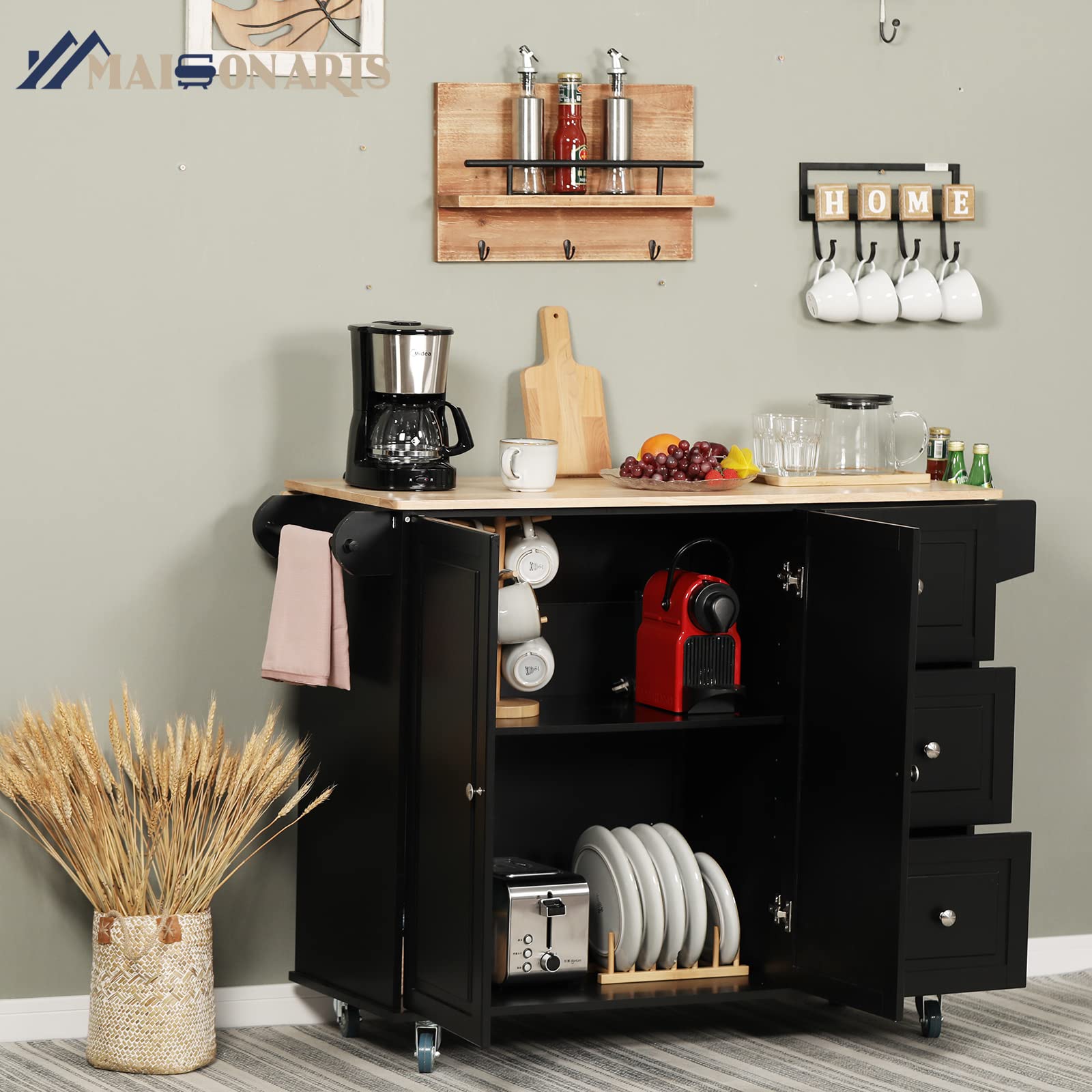 MAISON ARTS Rolling Kitchen Island Cart with Drop Leaf, 3 Drawers, Spice & Towel Rack - Mobile Storage Cabinet with Rubber Wood Countertop for Small Kitchen, Dining Room or Pantry Organization (Black) - Perfect for Extra Prep Space, Entertaining Guests & Compact Kitchen Storage