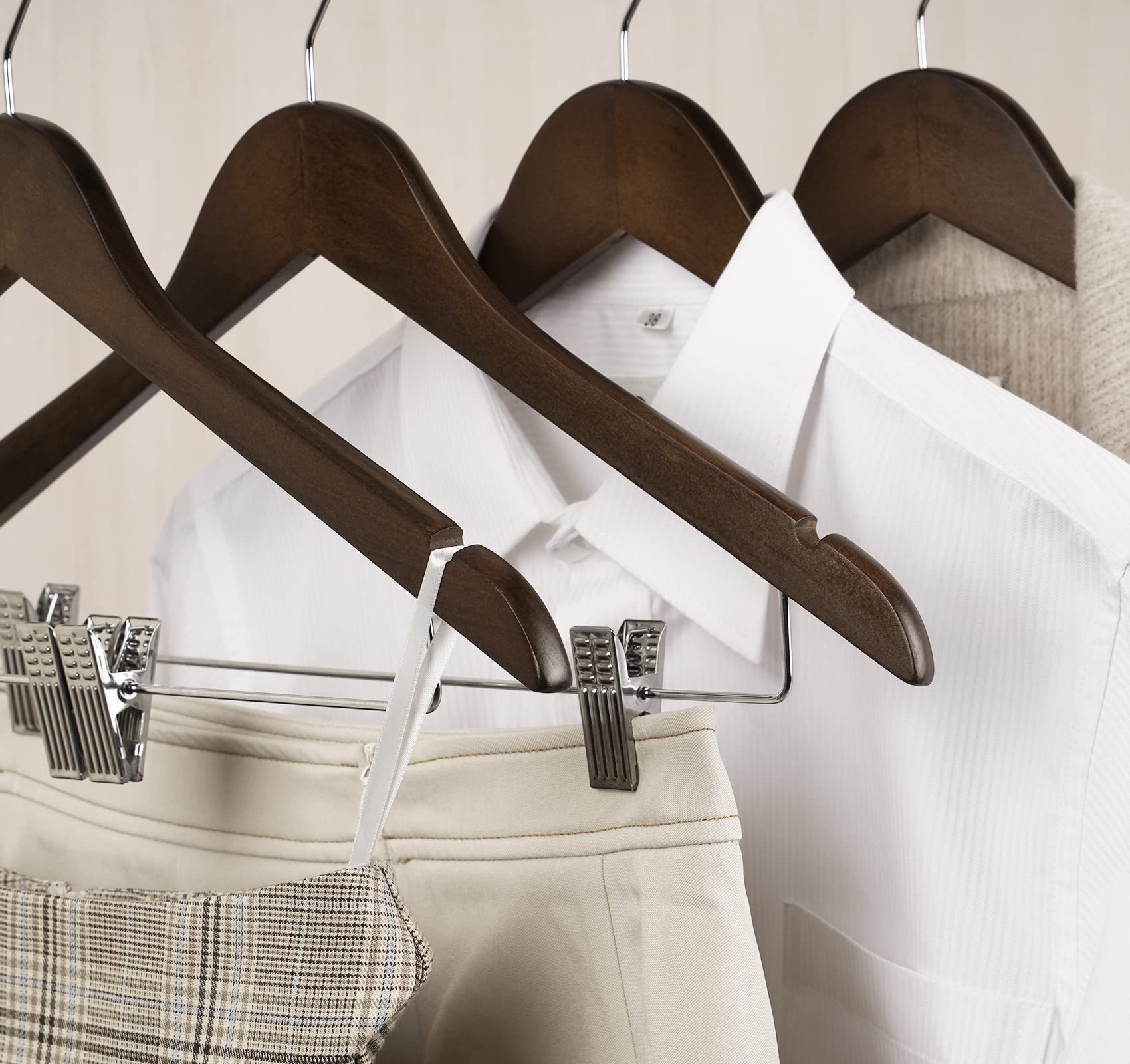 Premium 16-Pack Wooden Clothes Hangers with Metal Clips - Walnut Wood Skirt & Pants Hangers for Suits, Dresses, Jackets & Heavy Coats - Ideal for Closet Organization & Formal Wear Storage