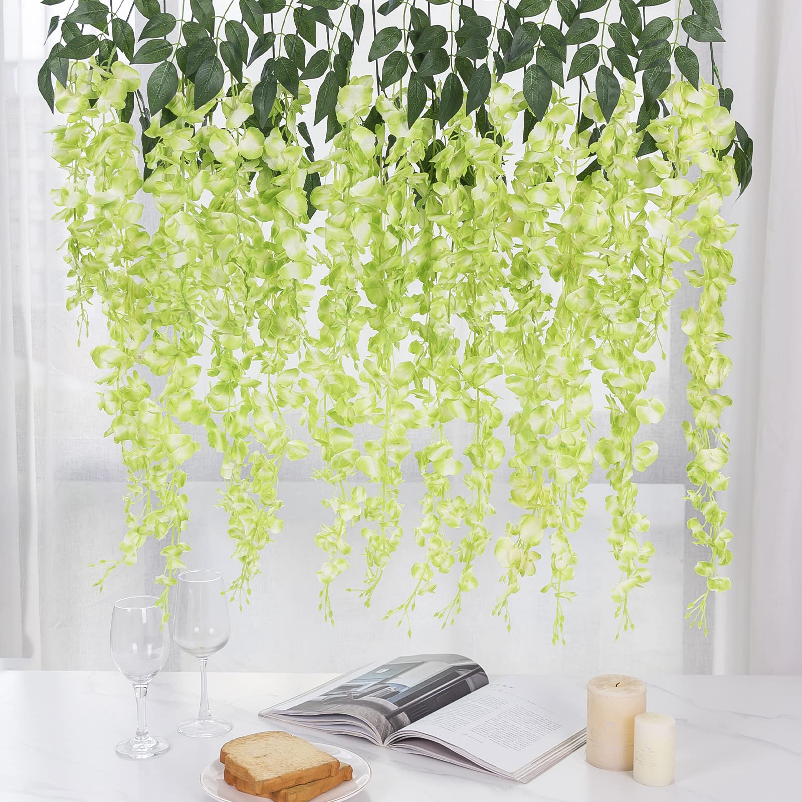 3.18 Feet Artificial Silk Wisteria Vine Hanging Flowers - 6 Pack Green Rattan Silk Wedding Decor for Home, Garden & Party Decoration