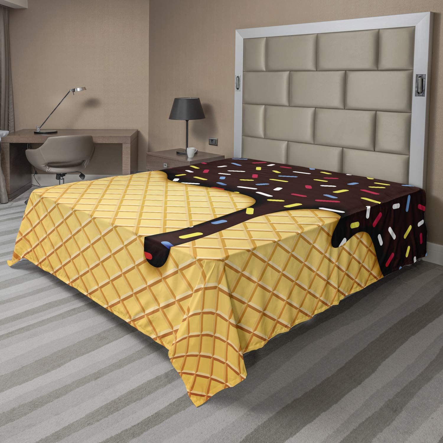 Ambesonne Ice Cream Waffle Chocolate Flavor King Size Flat Sheet - Soft Decorative Bedding for Sweet Dreams | Perfect for Kids' Rooms, Dessert-Themed Decor & Cozy Bedroom Makeovers
