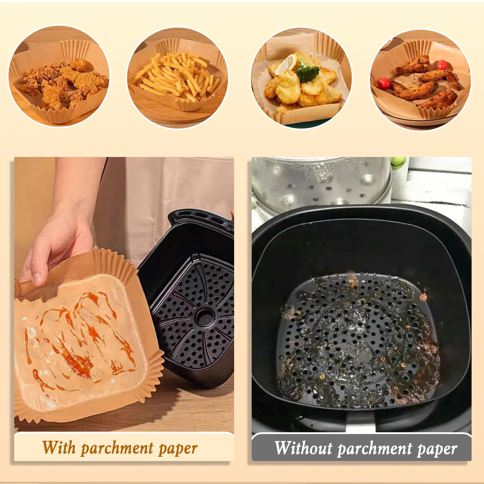 100pcs Disposable Square Air Fryer Liners - Nonstick Parchment Paper for 2-5 Qt Air Fryers, Baking, Roasting & Microwave Safe (6.5 Inch) | Perfect for Quick Meals, Healthy Cooking & Easy Cleanup
