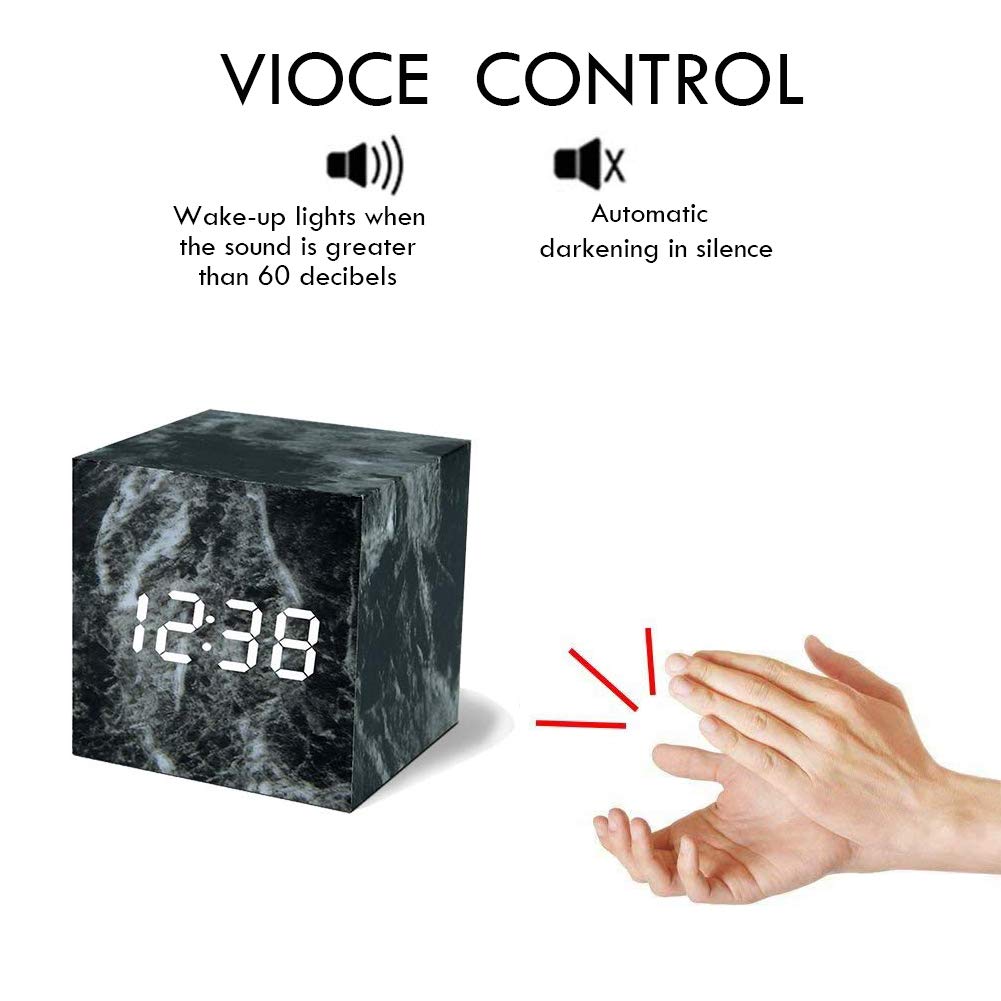 Digital LED Alarm Clock with Sound Control - Imitation Marble Cube Design, Displays Date & Temperature - Perfect for Bedroom, Office, or Travel (Black)