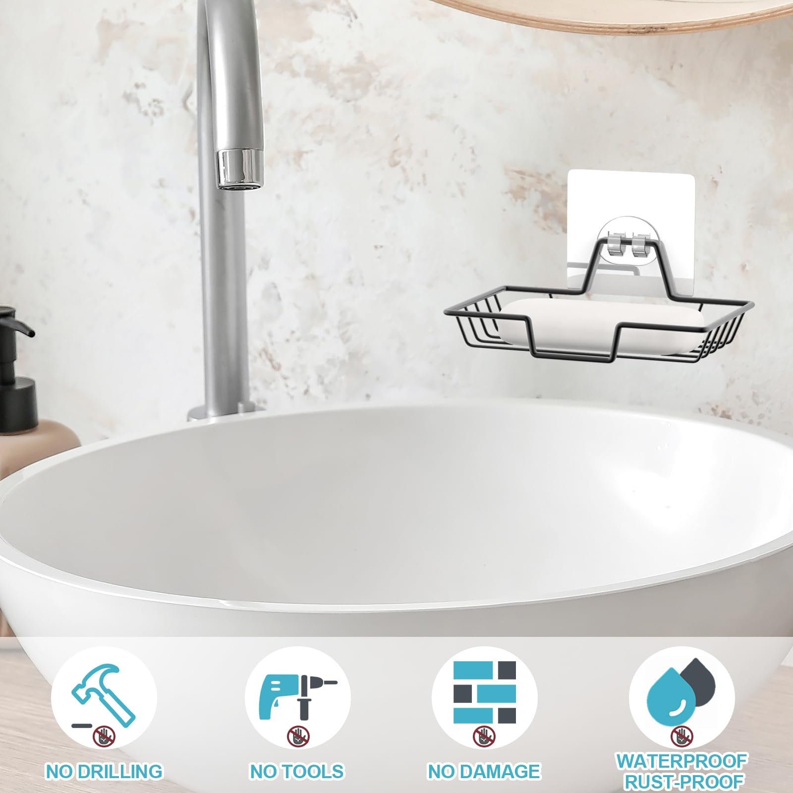 Stainless Steel Soap Dish Holder - No Drill Wall Mount Soap Bar & Sponge Tray - Rustproof 304 Steel for Shower, Kitchen, Bathroom - Farmhouse Style Black Soap Tray - Perfect for Home, RV, Camper & Outdoor Use