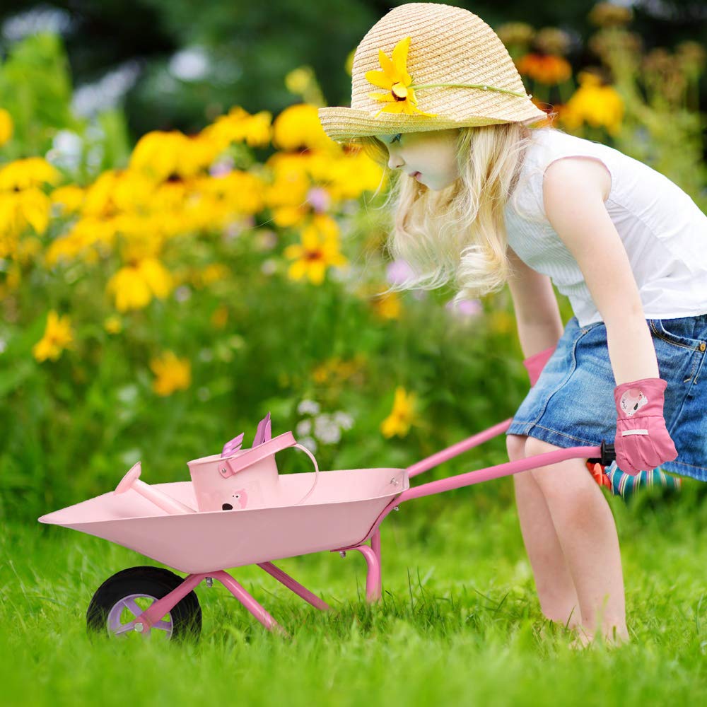 **Pink Metal Kids Wheelbarrow Set - Easy to Assemble Gardening Tools Kit with Small Wheelbarrow, Outdoor & Indoor Garden Toys for Girls - Perfect for Gardening, Playtime & Gift Giving**