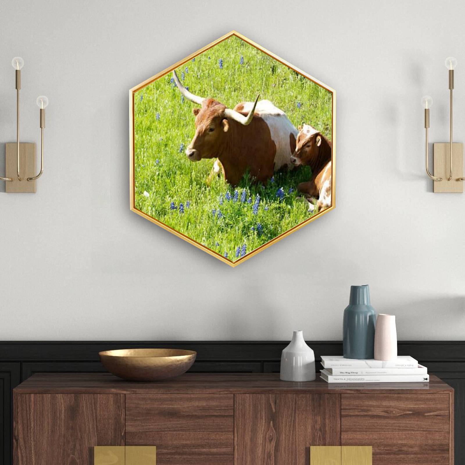 Texas Longhorns and Bluebonnets Canvas Wall Art - Golden Framed Giclee Print, Modern Minimalist Hexagon Wall Decor for Home & Office - Ready to Hang - Perfect for Western Decor, Living Room & Ranch Style Interior