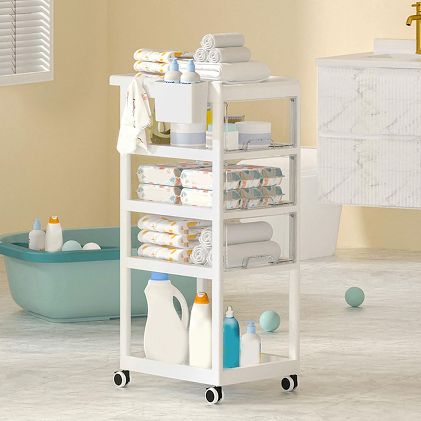 **Baby Diaper Caddy Rolling Cart with Wheels & Reinforced Handle - Nursery Storage Organizer for Diapers, Wipes & Baby Essentials - Perfect for Nursery, Baby Shower Gifts & On-the-Go Parents**