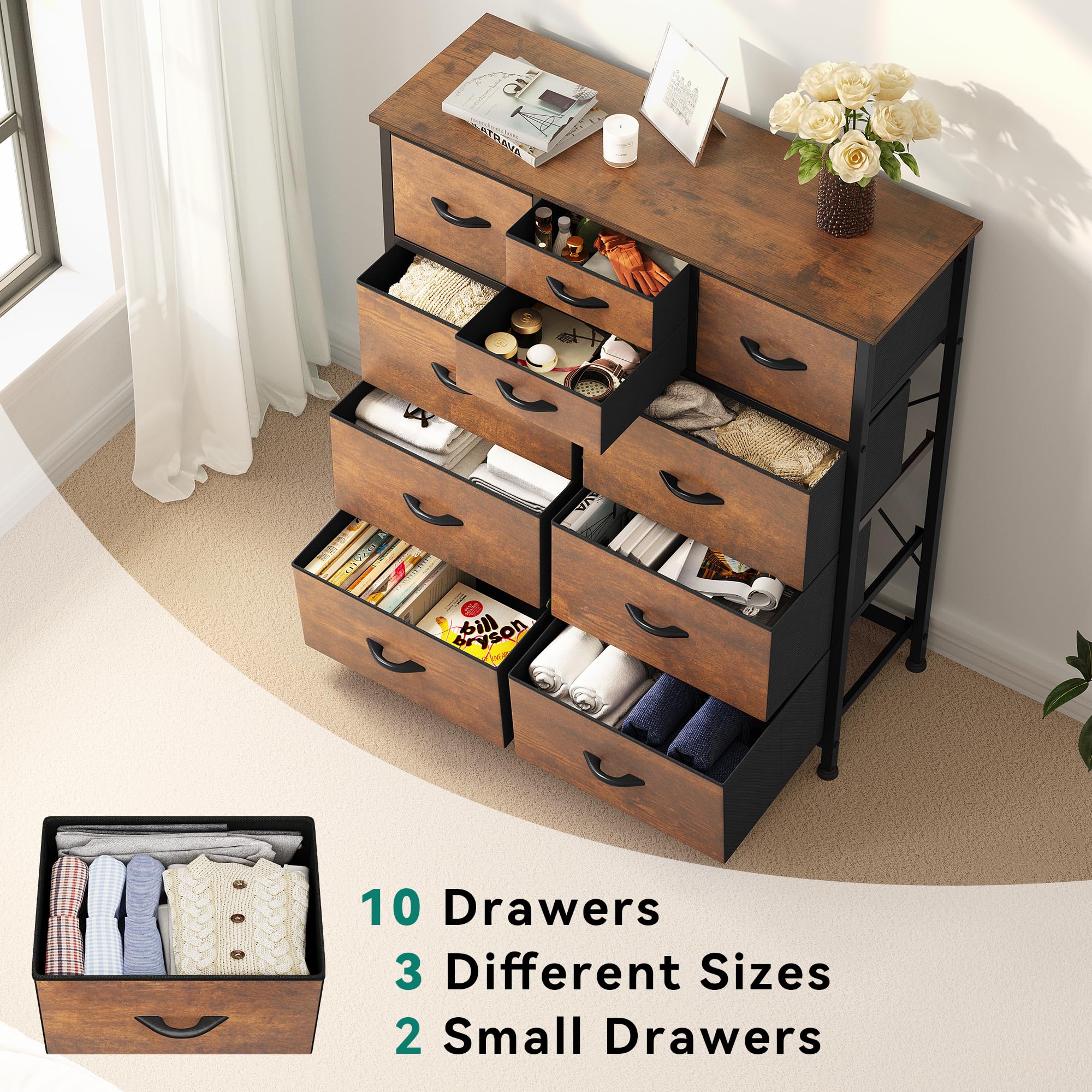 YITAHOME 10-Drawer Fabric Dresser with Sturdy Steel Frame & Wooden Top - Bedroom Storage Organizer for Clothes, Toys, Linens - Perfect for Living Room, Hallway, Closet Organization