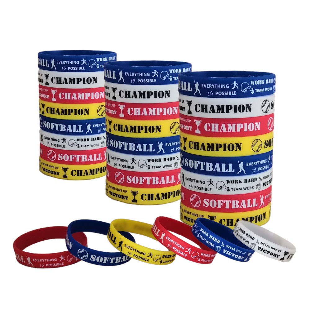 CupaPlay 24 PCS Softball Motivational Silicone Wristbands for Kids - Personalized Rubber Bracelets - Sports Team Gifts - Party Favors & Carnival Prizes - Perfect for Baseball Games, School Events & Birthday Parties