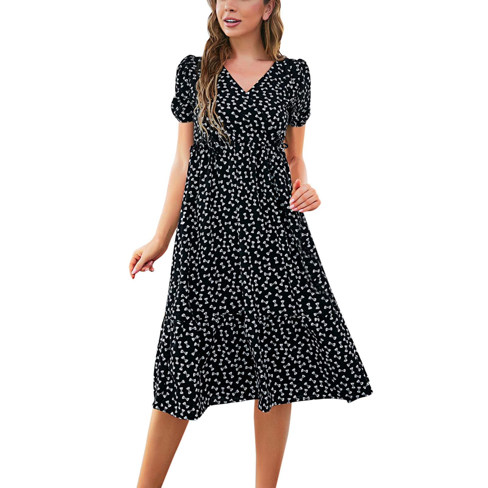 Bohemian Floral Print V-Neck A-Line Swing Dress for Women - Sexy Elegant Casual Summer Dress with Short Sleeves (Black, XL) | Perfect for Beach Vacations, Date Nights & Summer Parties