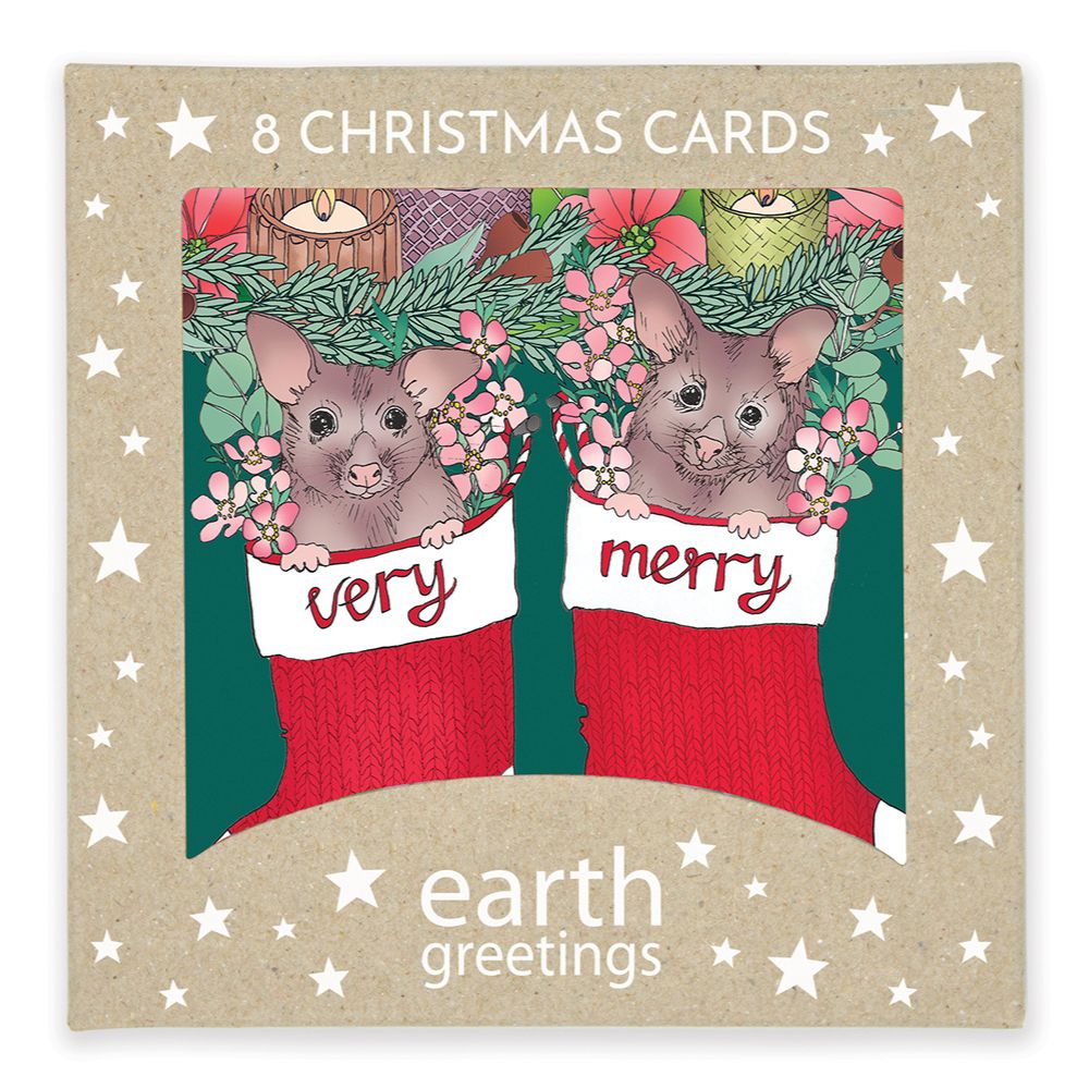 Earth Greetings Australian Christmas Card Pack - Merry Possums (Box of 8) | Unique Holiday Greeting Cards for Family & Friends | Perfect for Christmas Wishes, Office Gifts & Festive Decorations