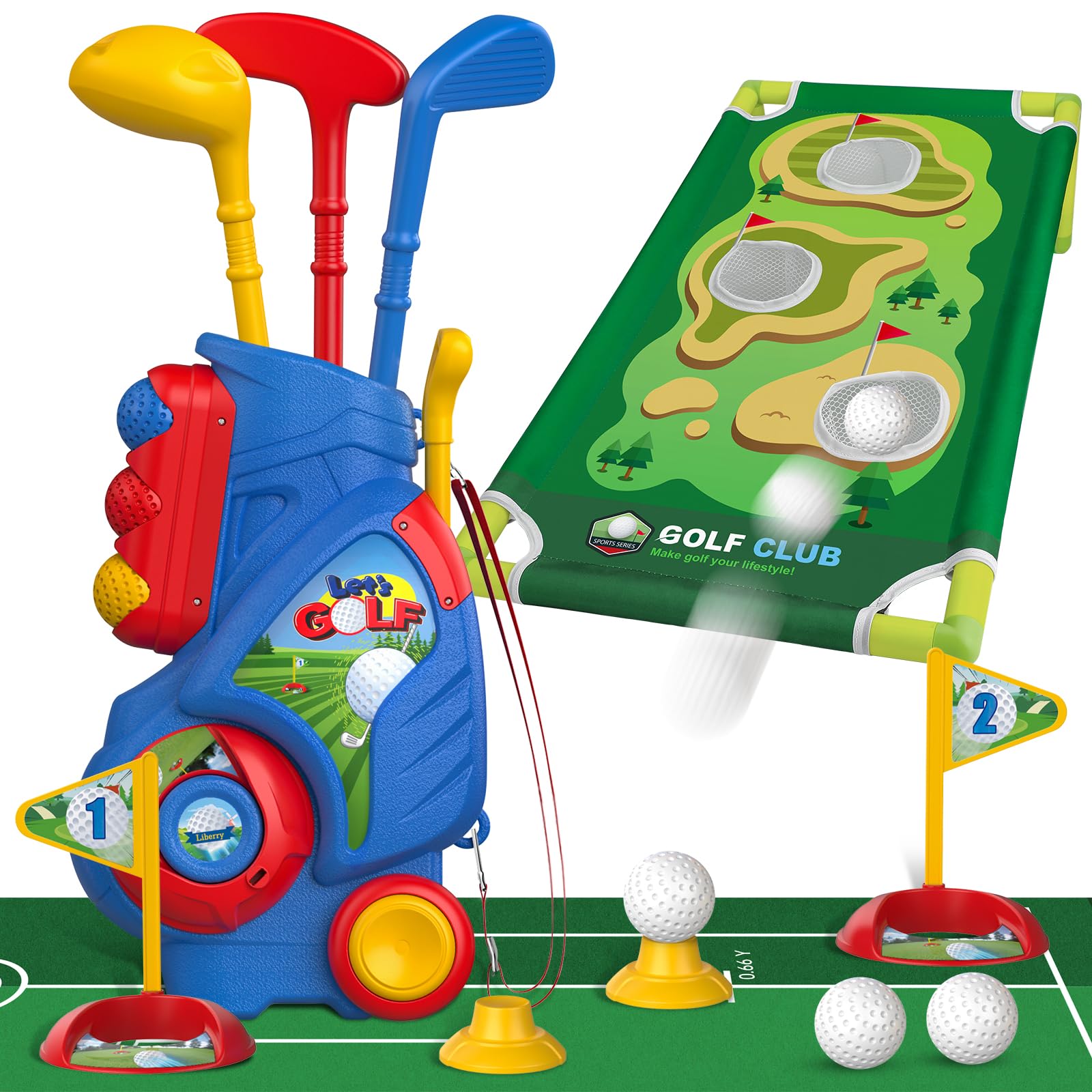 **Liberry Toddler Golf Set for Kids Ages 2-5 - Upgraded Golf Cart with Cornhole Board & Putting Mat - Indoor & Outdoor Golf Toys for Boys & Girls - Perfect Birthday Gift for Backyard & Playroom Fun**