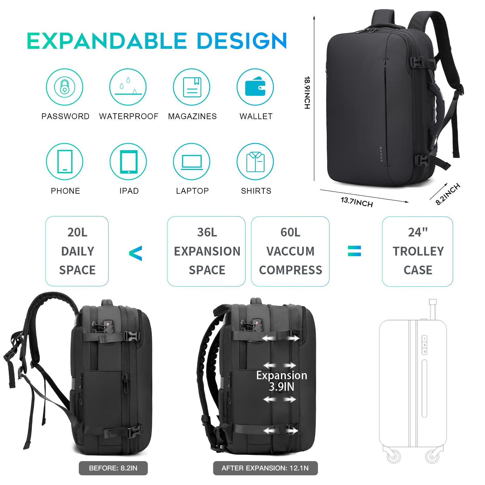 BANGE Airback Expandable Travel Backpack with Built-in Electronic Scale & Vacuum Compression Pump - Lightweight Carry-On Backpack for Airplanes, Business Trips & Outdoor Adventures