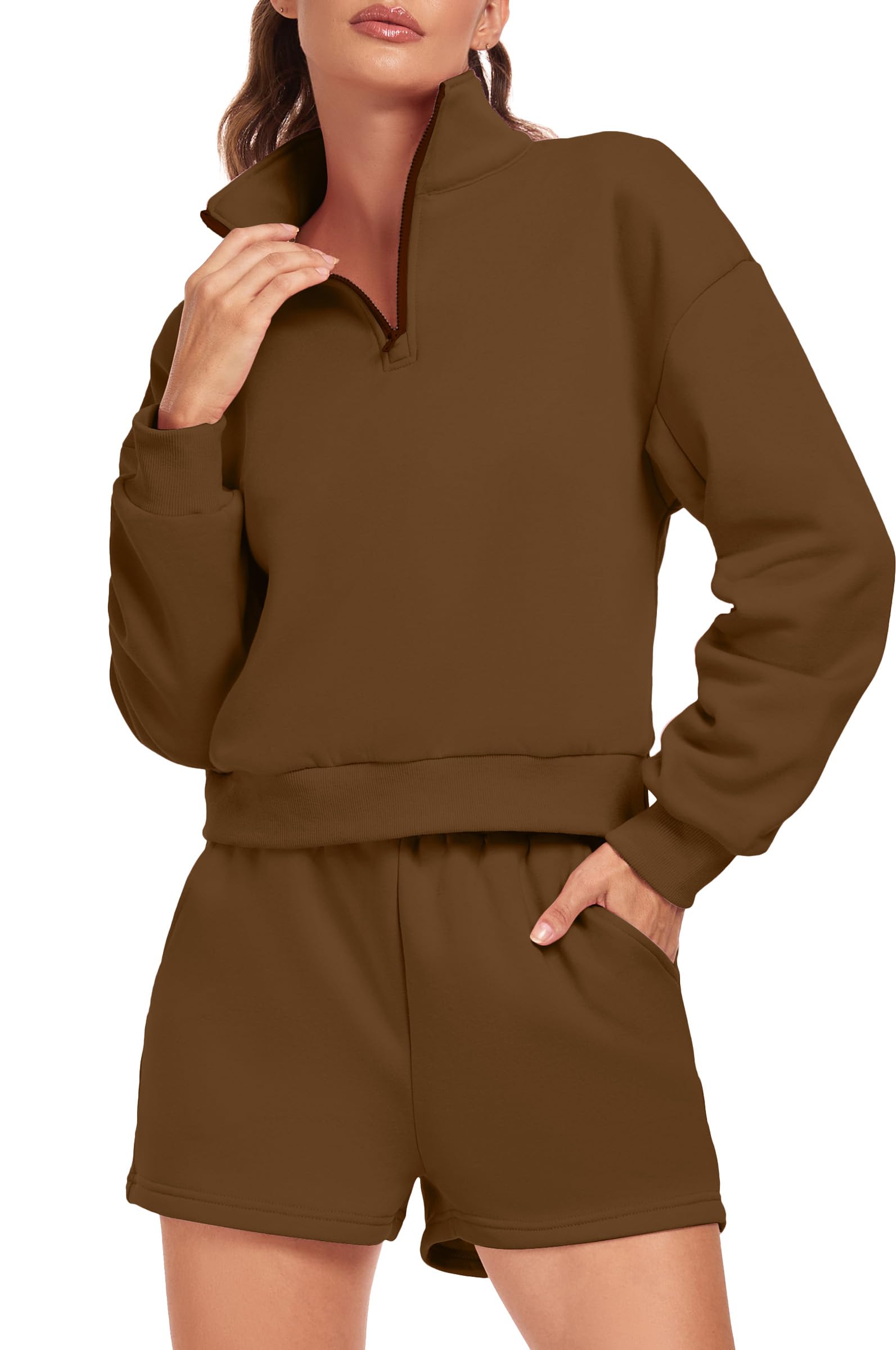 Women's 2-Piece Oversized Half-Zip Sweatshirt & Shorts Lounge Set - Casual Tracksuit for Women - Perfect for Home, Gym, and Everyday Wear
