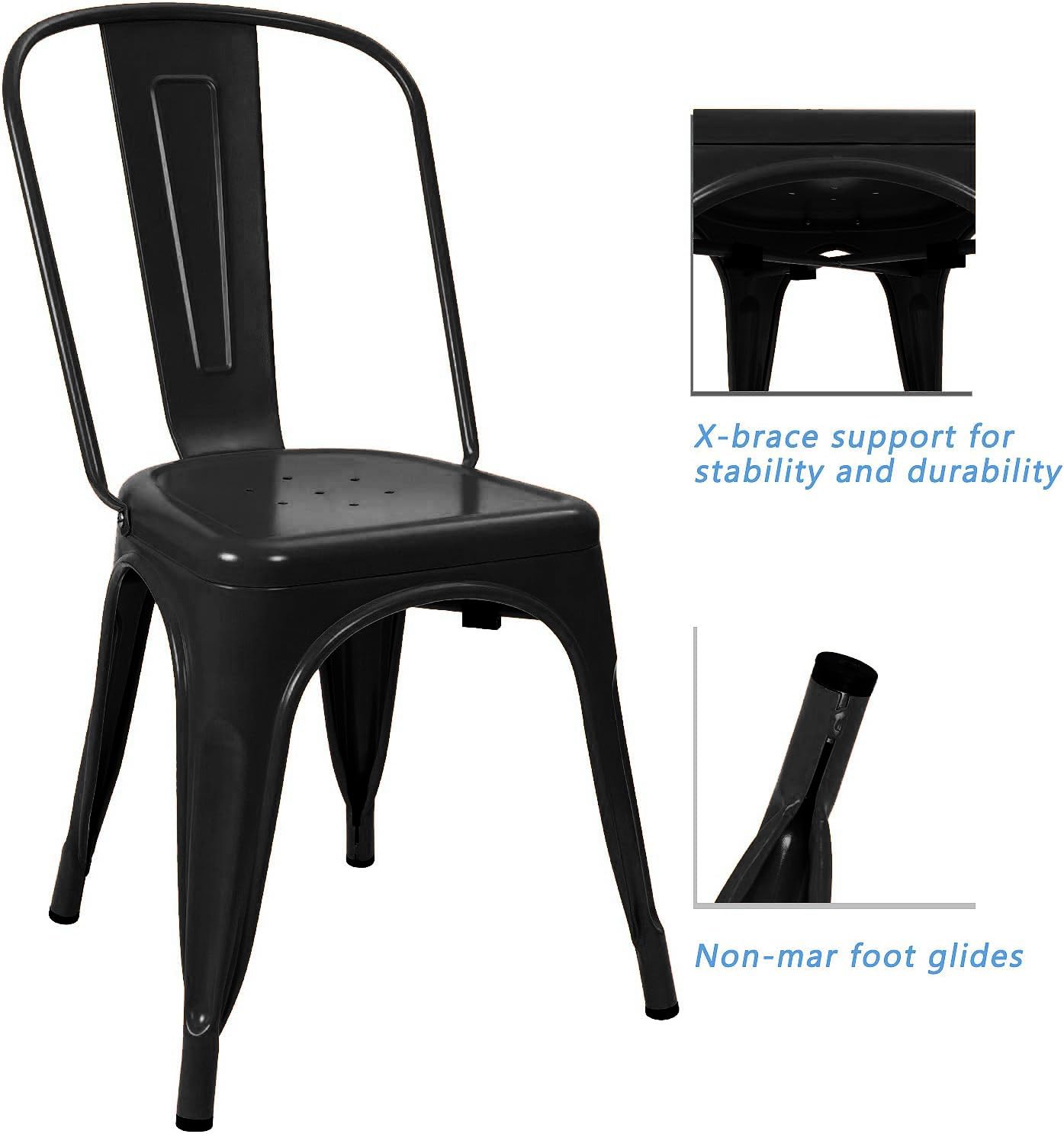 Devoko 4-Piece Stackable Metal Indoor/Outdoor Dining Chairs - Distressed Black Kitchen Side Chairs with Backrest | Perfect for Patio, Restaurant, Cafe & Home Decor