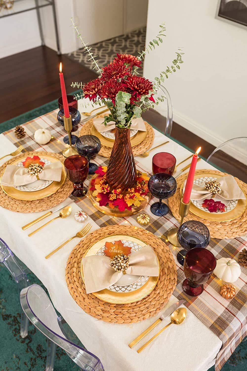 2 Pack Natural Wicker Braided Placemats - 13.5 Inch Round Woven Rattan Table Mats for Dining, Rustic Water Hyacinth Straw Chargers | Perfect for Farmhouse, Boho, and Coastal Home Decor