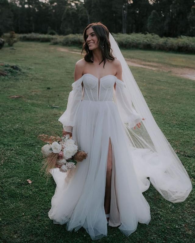 Elegant Long Sleeve Prom Dresses with High Slit | Off Shoulder Corset Tulle Wedding Gowns | Formal Evening Dresses for Homecoming, Ball, and Special Occasions