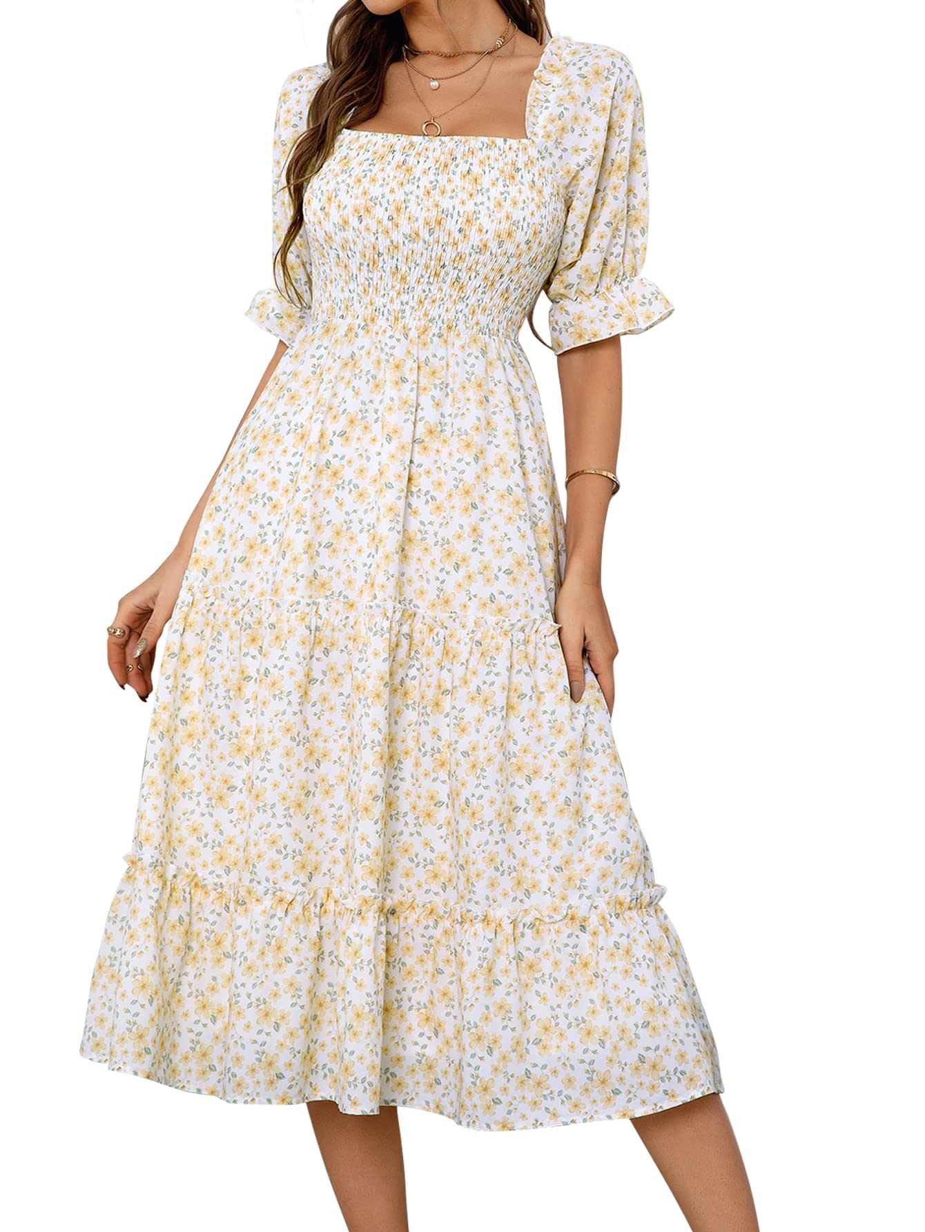 Vintage Floral Chiffon Midi Dress for Women - Square Neck, Half Sleeve, Ruffled Sun Dress with Elastic Bust | Perfect for Summer Outfits, Beach Vacations, and Casual Daytime Wear