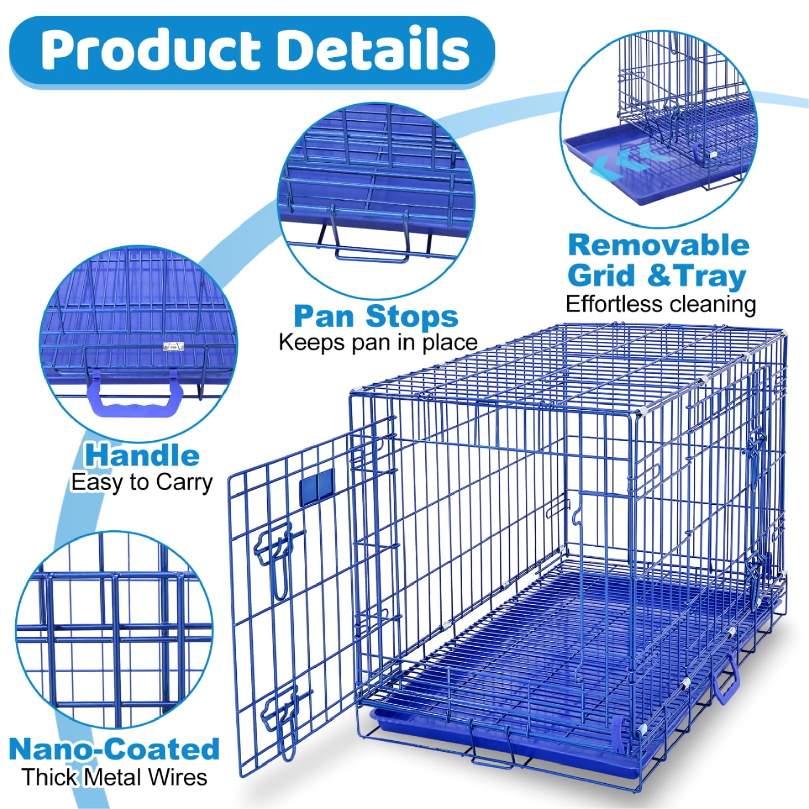 30 Inch Blue Collapsible Dog Crate for Small to Medium Dogs - Indoor Pet Kennel with Nano-Coated Metal Wire, Removable Tray & Floor Grid, Double Doors with Dual Locks, Portable Handle - Perfect for Home, Travel & Training