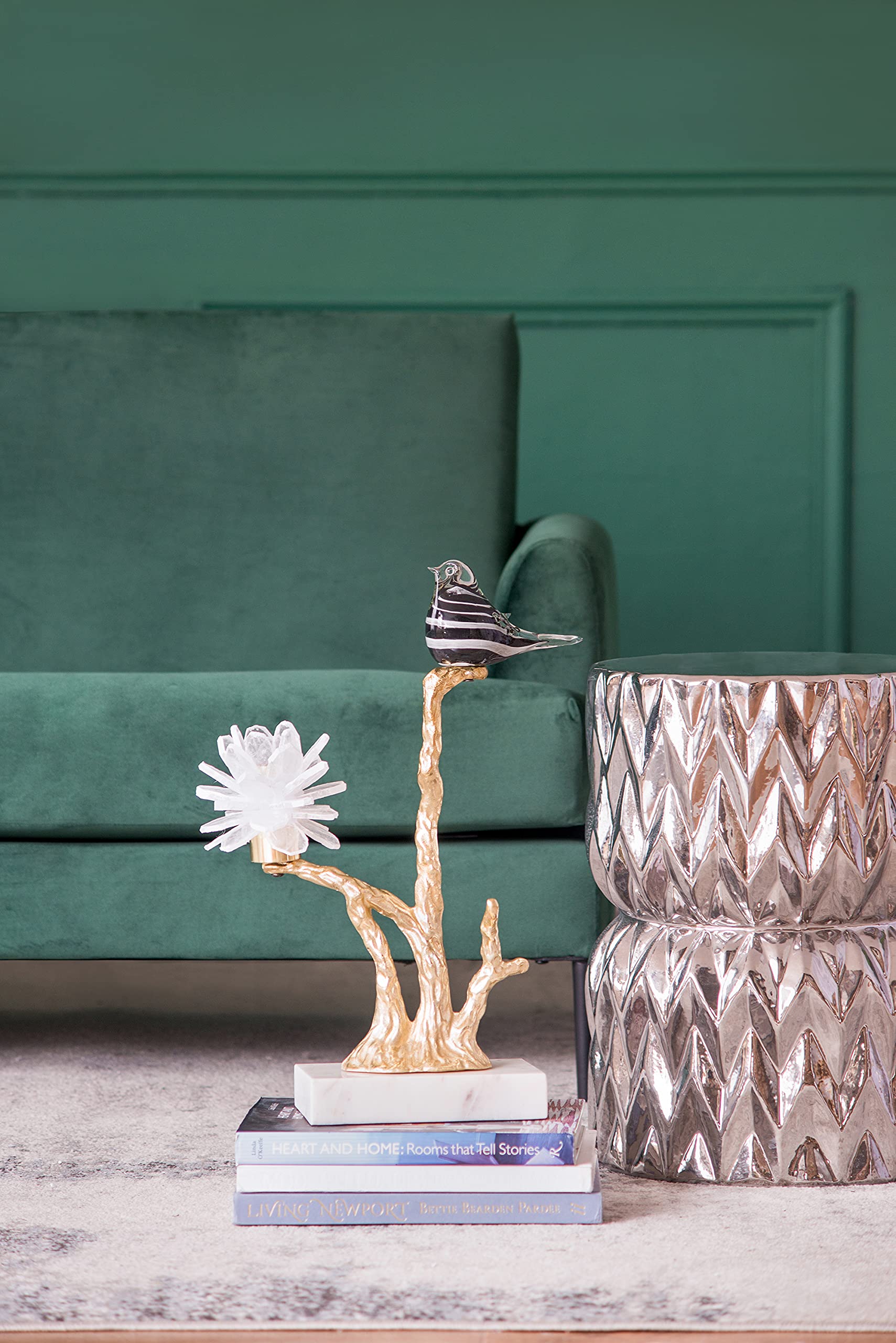 A&B Home Aluminum Candle Holder with Marble Base - Glass Bird & Selenite Flower Tree of Life Design - Modern Tabletop Centerpiece for Living Room, Console Table, Entryway - 8x5x15 Inches - Perfect for Home Decor, Wedding Centerpieces & Holiday Decorations