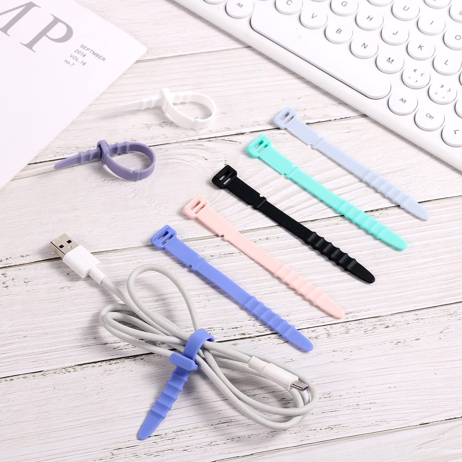28pcs Reusable Silicone Cable Ties - 4.5inch Elastic Wire Organizer Straps for Charging Cables, USB Cables, Pens, Keychains & Earphones (7 Colors) - Perfect for Home, Office & Travel Cable Management