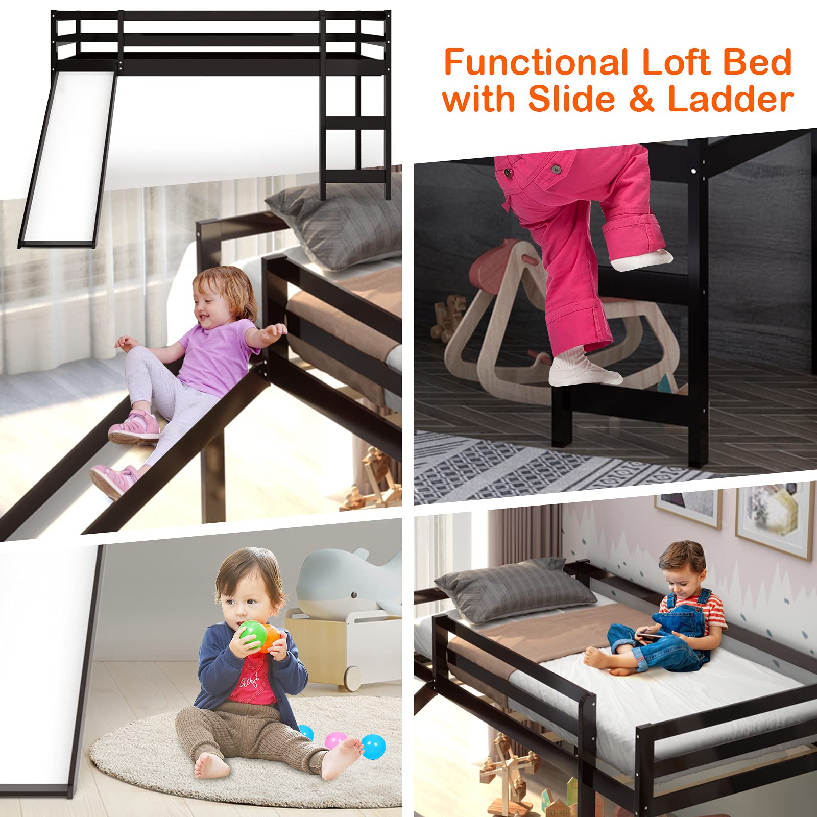 KOTEK Twin Loft Bed with Slide - Wooden Low Loft Bed for Kids with Ladder, Safety Guard Rail & Slats - Espresso Finish - Perfect for Small Bedrooms, Playrooms & Kids' Sleepovers