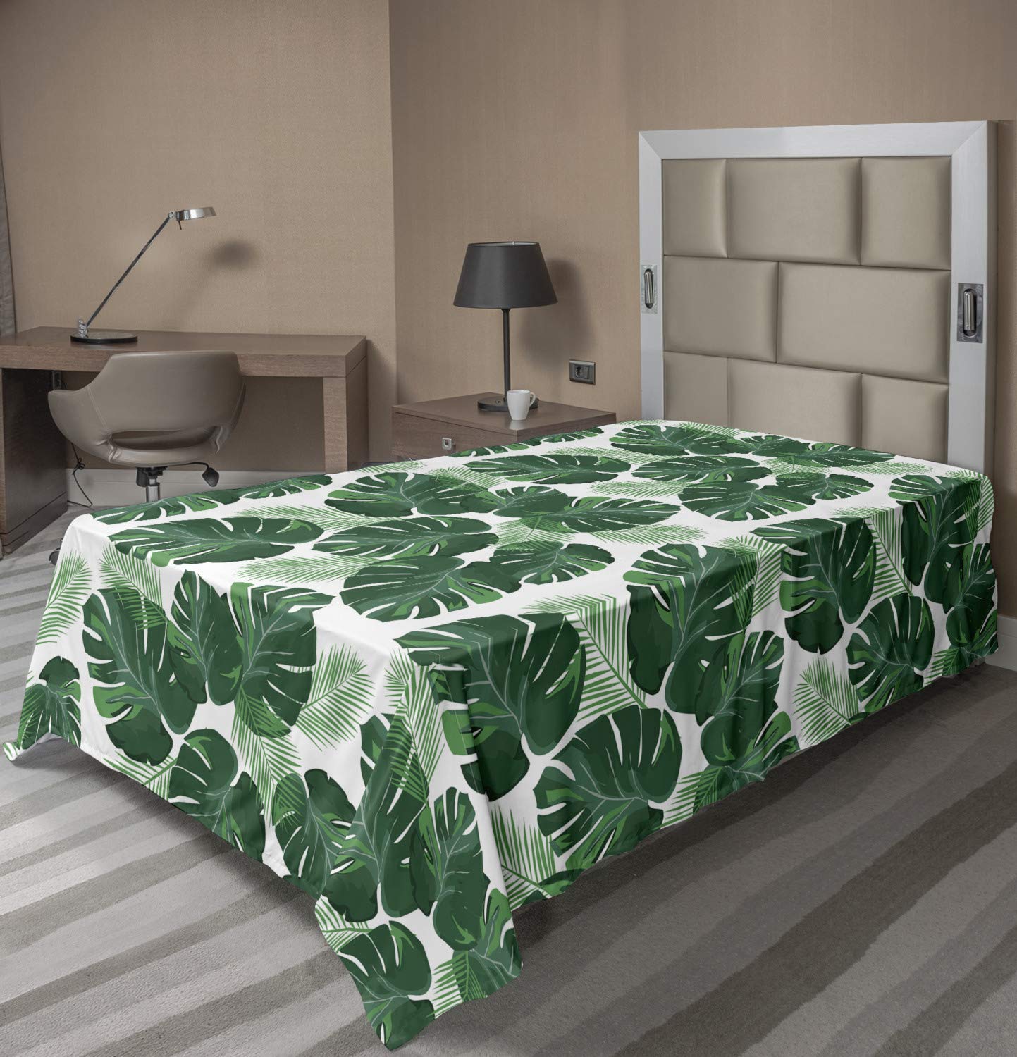 Ambesonne Monstera Leaf Flat Sheet - Twin Size, White & Jade Green, Soft Comfortable Decorative Bedding with Rhythmic Pinnate Motifs | Perfect for Tropical & Boho Bedroom Decor, Guest Rooms, and Dorm Essentials