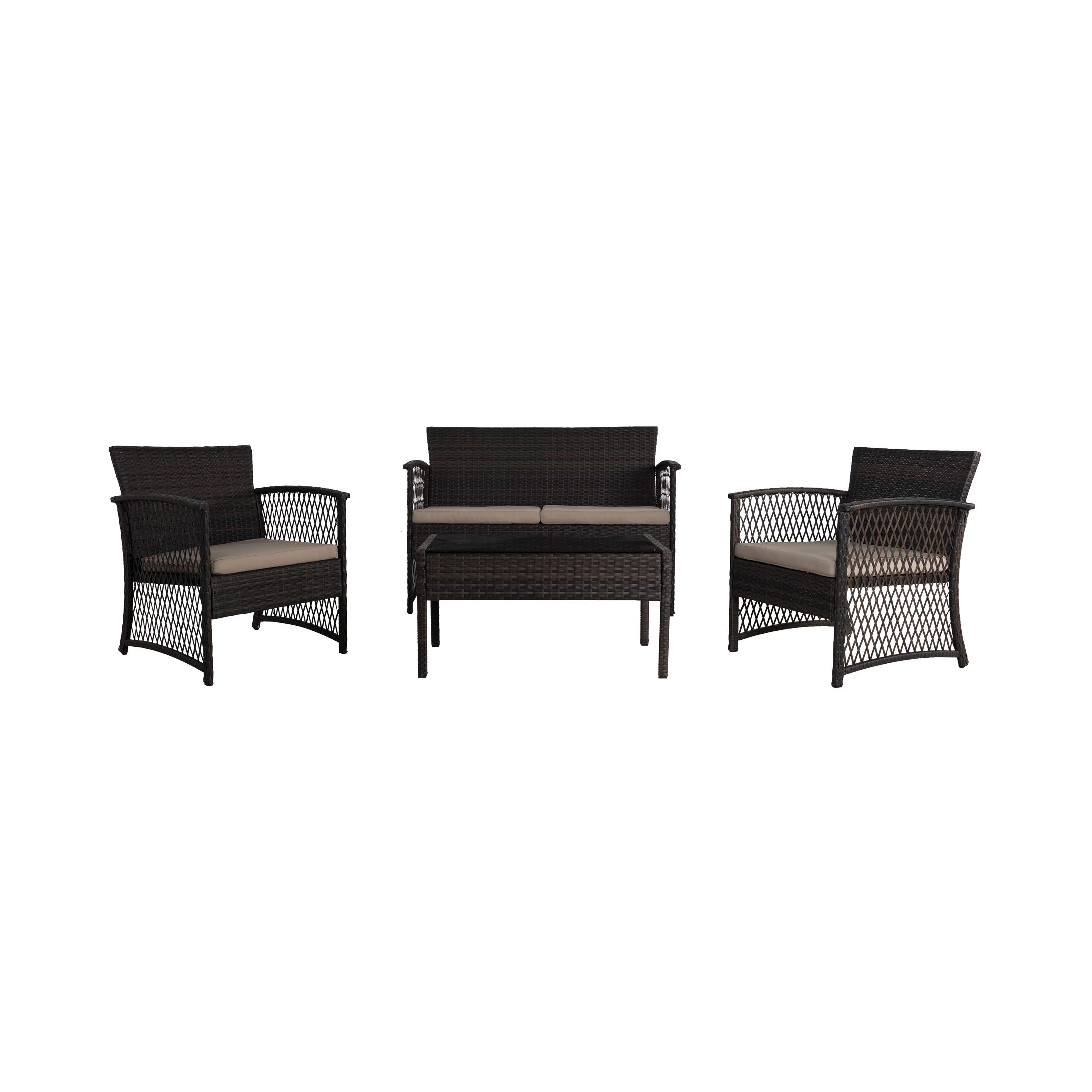 Contemporary 4-Piece Wicker Rattan Outdoor Patio Conversation Sofa Set with Cushions & Coffee Table - Coffee/Beige - Perfect for Backyard, Garden, or Poolside Relaxation
