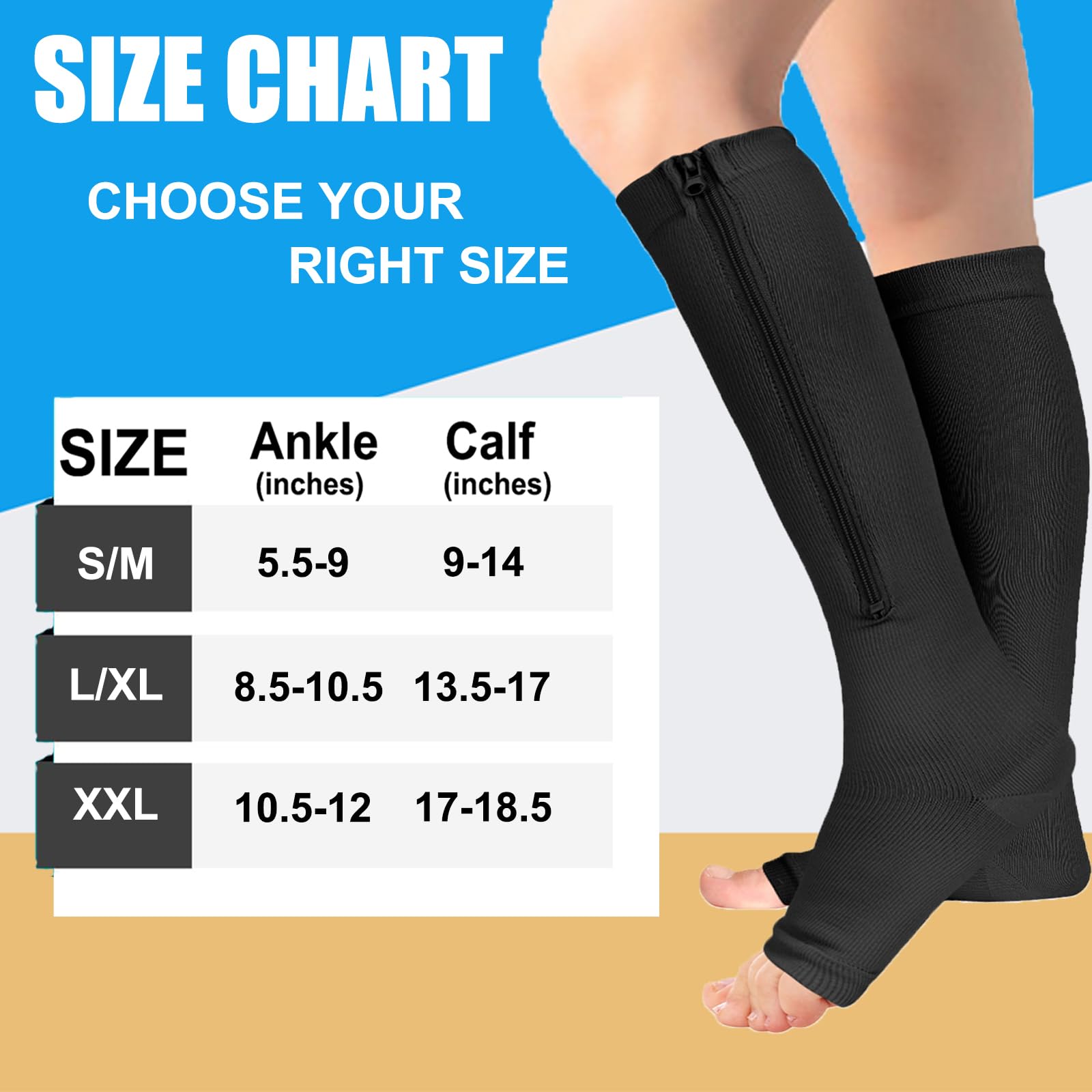 2 Pairs of Zipper Compression Socks for Women & Men - Medical Grade Support Stockings for Circulation, Travel & Recovery - Perfect for Nurses, Athletes & Long Flights