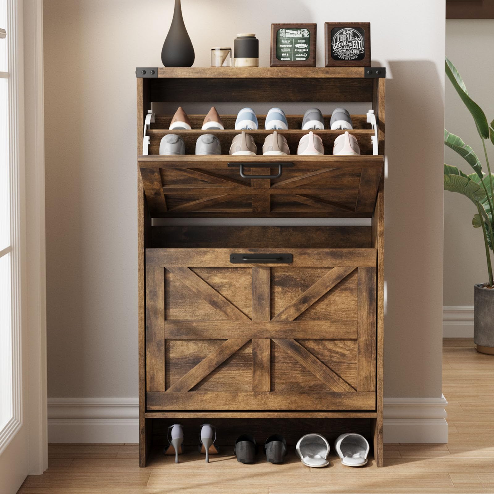 Farmhouse Style Slim Shoe Cabinet with 2 Flip-Up Drawers - Narrow Entryway Storage Organizer for Hidden Shoes - Brown Wooden Shoe Rack - Perfect for Small Spaces, Hallways, and Closet Organization