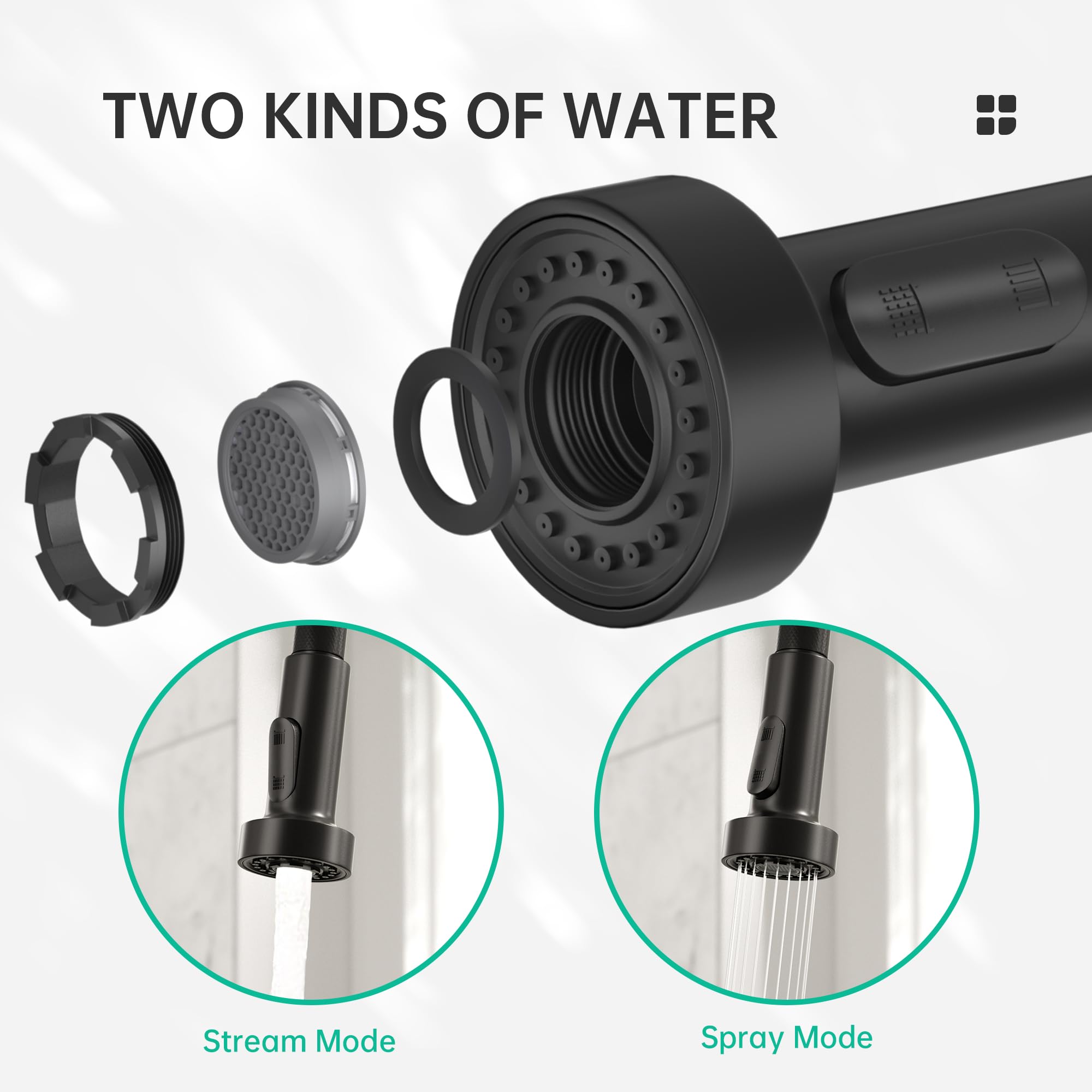 2-Function Pull Down Kitchen Faucet Sprayer - Matte Black for Easy Cleaning
