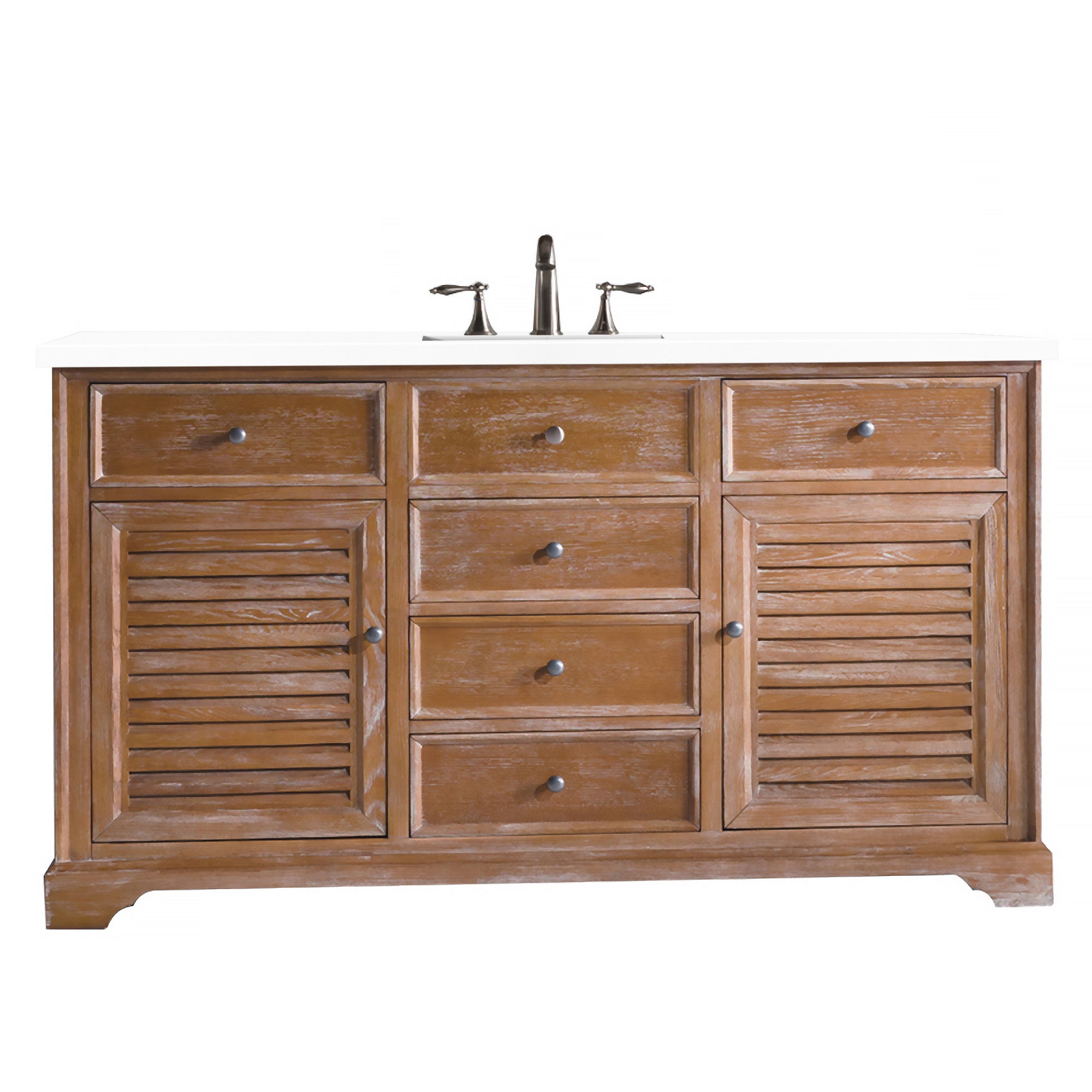 Savannah 60 Inch Single Vanity Cabinet in Driftwood Finish with 3CM Classic White Quartz Top - Perfect for Bathroom Renovation & Modern Home Decor