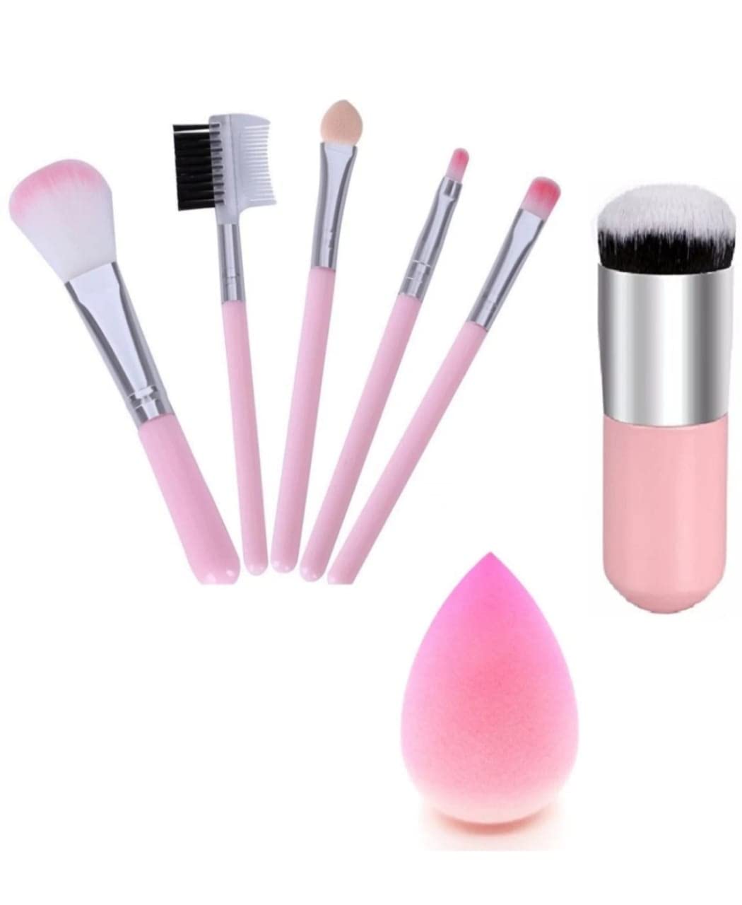 Soft Bristle Makeup Brush Set - 5 Pink Lightweight Brushes + Mini Foundation Brush & Beauty Blender (7-Piece Kit) for Flawless Face & Eye Makeup Application